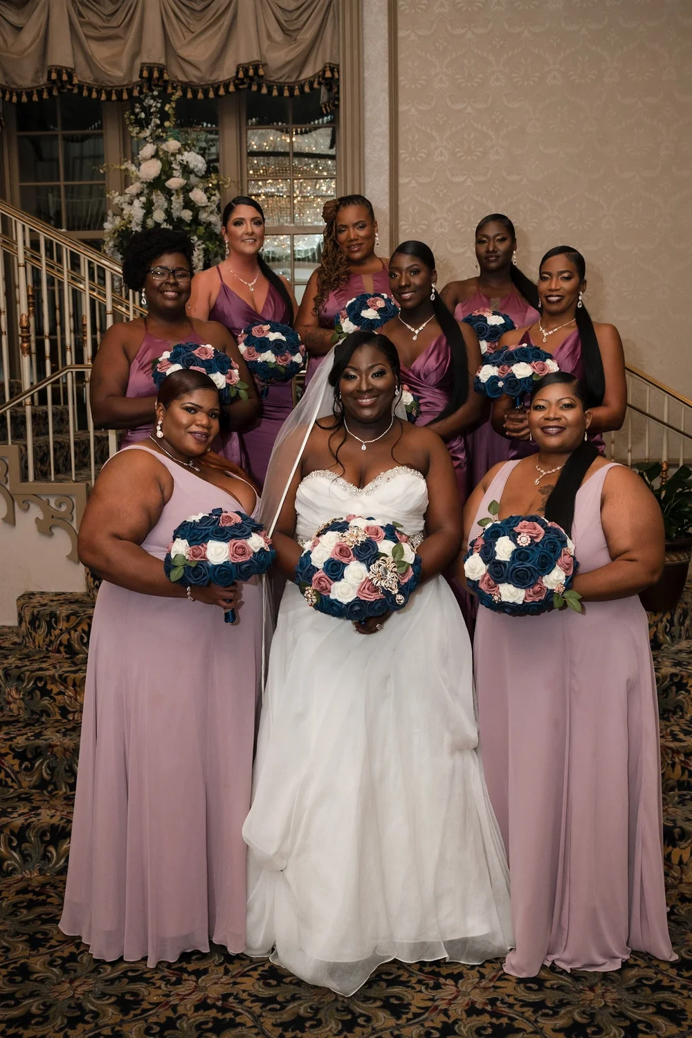 Bridal party in blush and navy at a Maryland wedding