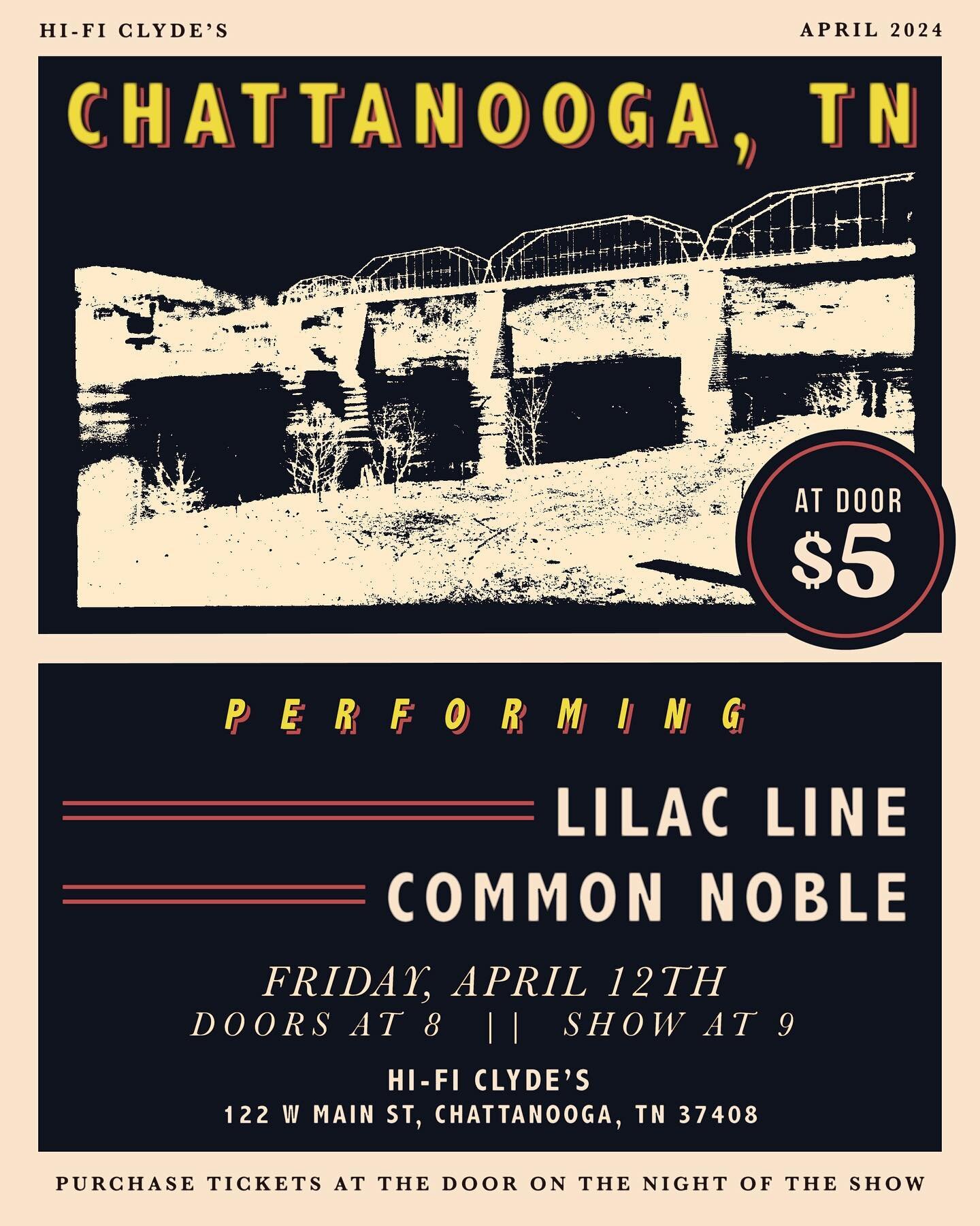 CHATTANOOGA UP NEXT
Back at it with the boys. We&rsquo;ll be rolling up to @hificlydeschatt with @lilaclineofficial on Friday April 12th. Tickets are only $5 (five bucks [🖐🏼💰]) at the door! SEE YOU THERE