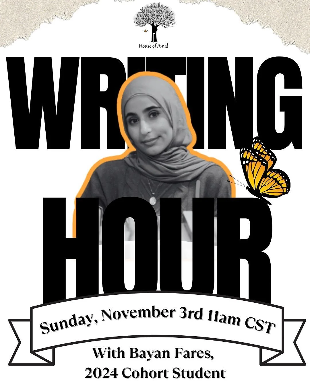 Salaam friends! 👋🏽

Get ready for an inspiring Writing Hour at the House of Amal! ✨ We&rsquo;re excited to introduce our returning host, Bayan Fares (@bayanafares) one of our 2024 Cohort Students! 

Join us this Sunday, November 3rd, at 11 am CST a