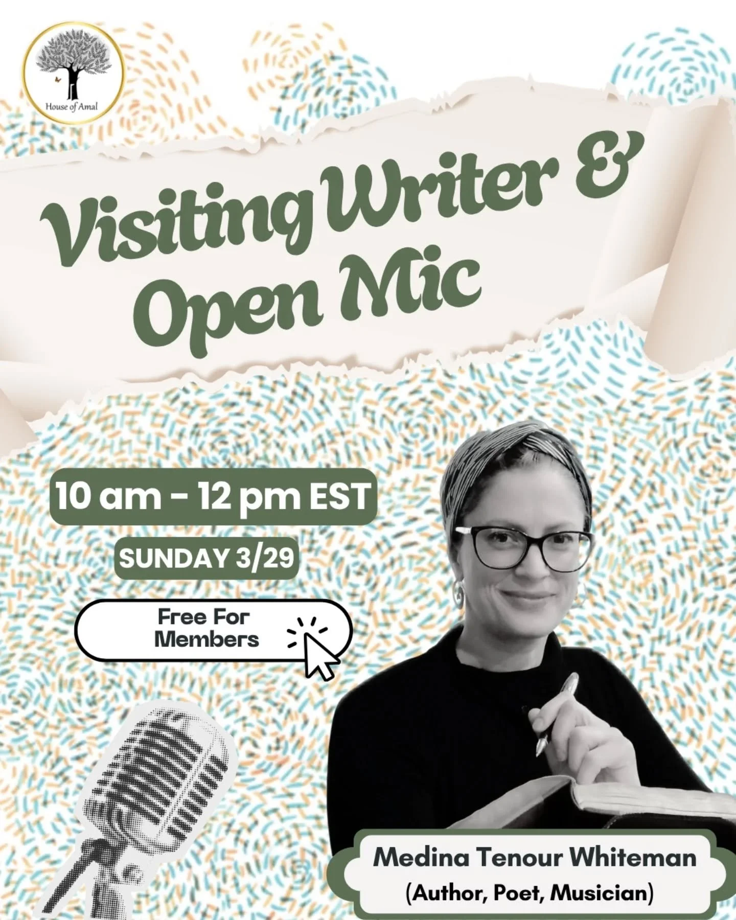 ✨️ This Sunday, March 29th: House of Amal is honored to welcome special guest Medina Tenour Whiteman for our monthly Visiting Writers series! She will be speaking on topics around the craft of spiritual writing, genre/form and cliches.

✍️ Medina (@m