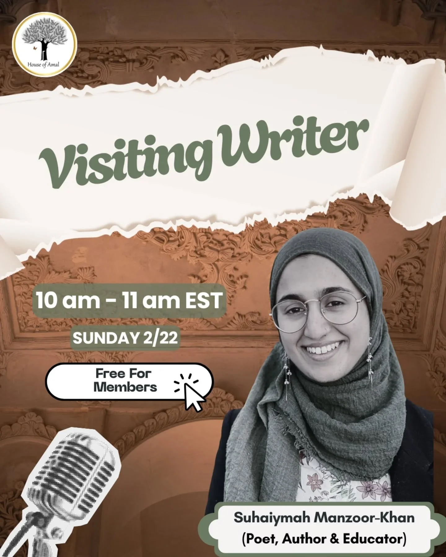 ✨️ This Sunday, February 22nd: House of Amal is excited to welcome special guest Suhaiymah Manzoor-Khan (@thebrownhijabi). Suhaiymah will be speaking on a range of topics: decolonizing thought, religion, writing, her book Seeing for Ourselves (our bo