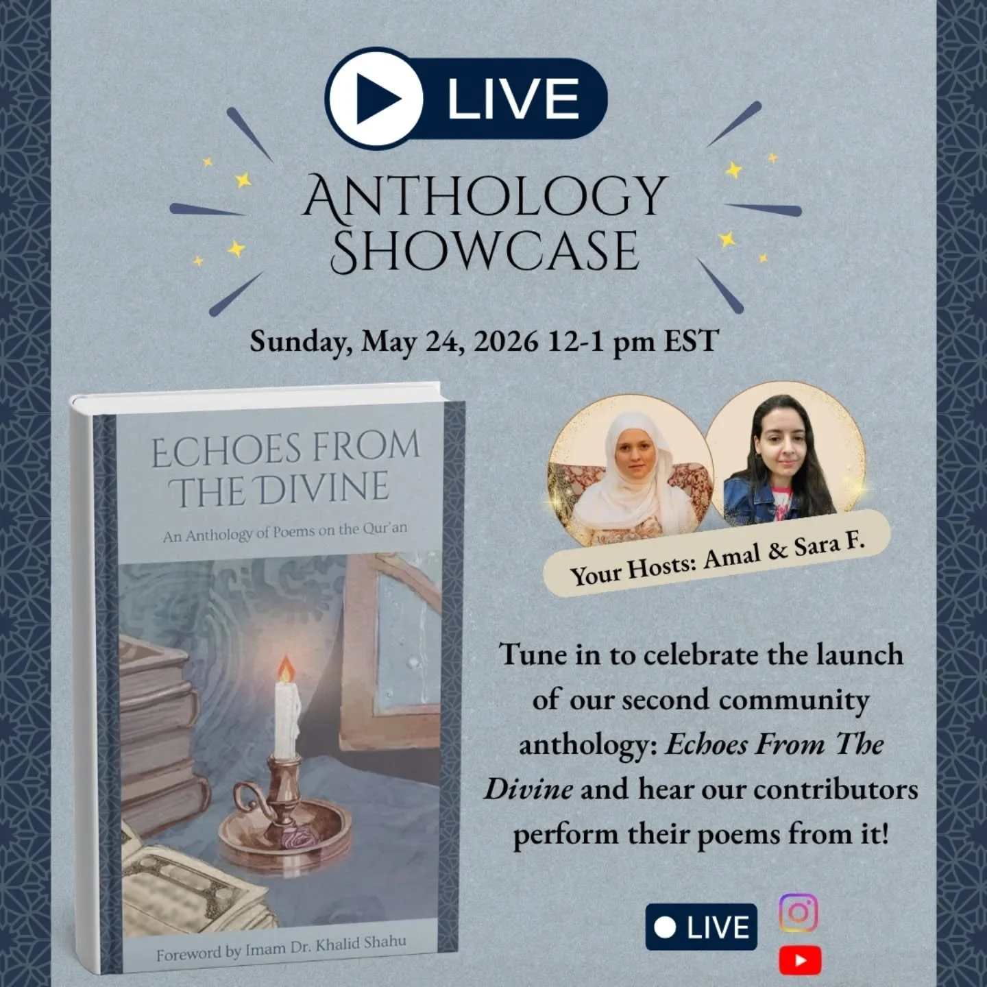 👋 Salaam Friends,

💌 You&rsquo;re all invited to celebrate the launch of our second community anthology: 𝘌𝘤𝘩𝘰𝘦𝘴 𝘍𝘳𝘰𝘮 𝘛𝘩𝘦 𝘋𝘪𝘷𝘪𝘯𝘦, featuring 12 incredible contributors who will be reading their poems!

🎉 Join your hosts Amal Kassi