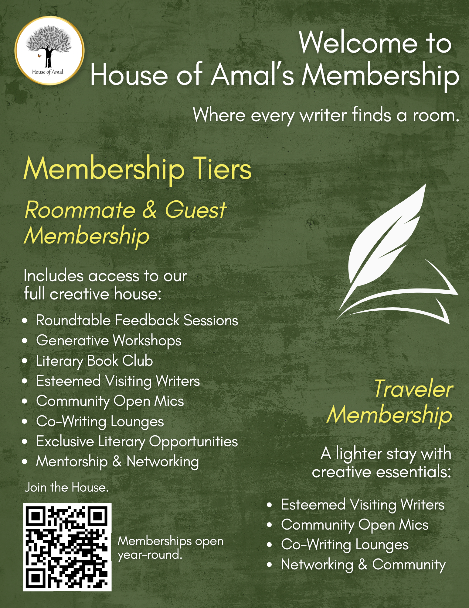 Poster for House of Amal's Membership, featuring tiers such as Roommate & Guest and Traveler Membership, with details about benefits like feedback sessions, workshops, book club, writing groups, and networking, including a QR code and logo of a tree.