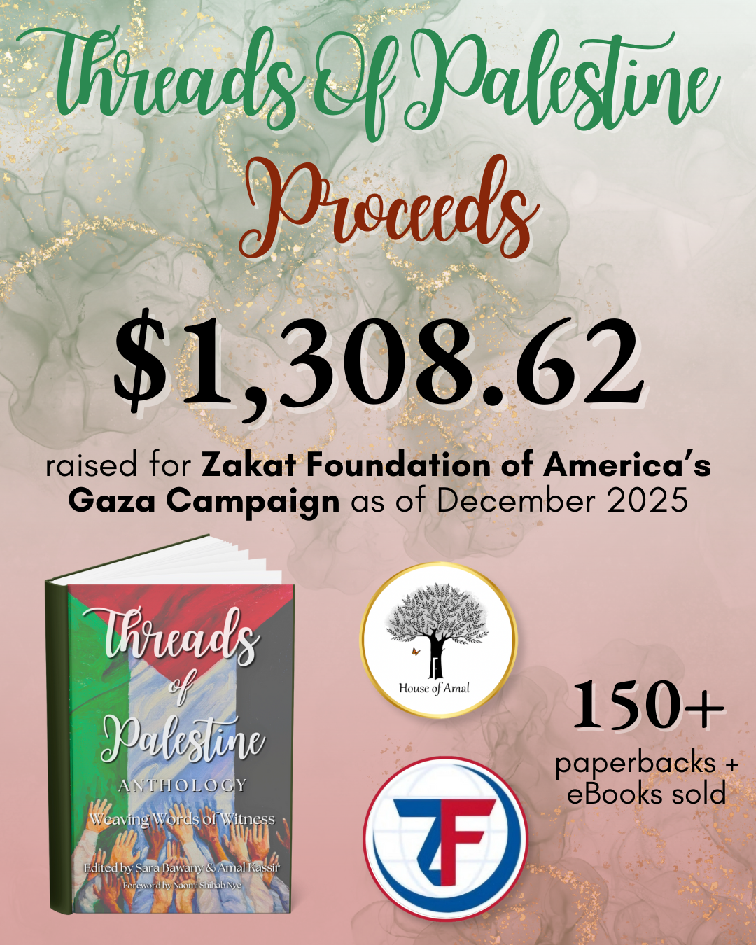 A charity poster showing the proceeds of $1,308.62 raised for the Gaza Campaign of Zakat Foundation of America as of December 2025. The background features a marbled pattern with gold accents. There is an image of a book titled "Threads of Palestine Anthology" with a colorful cover, along with logos of House of Amal and Zakat Foundation. The poster notes that 150 or more paperbacks and eBooks were sold.