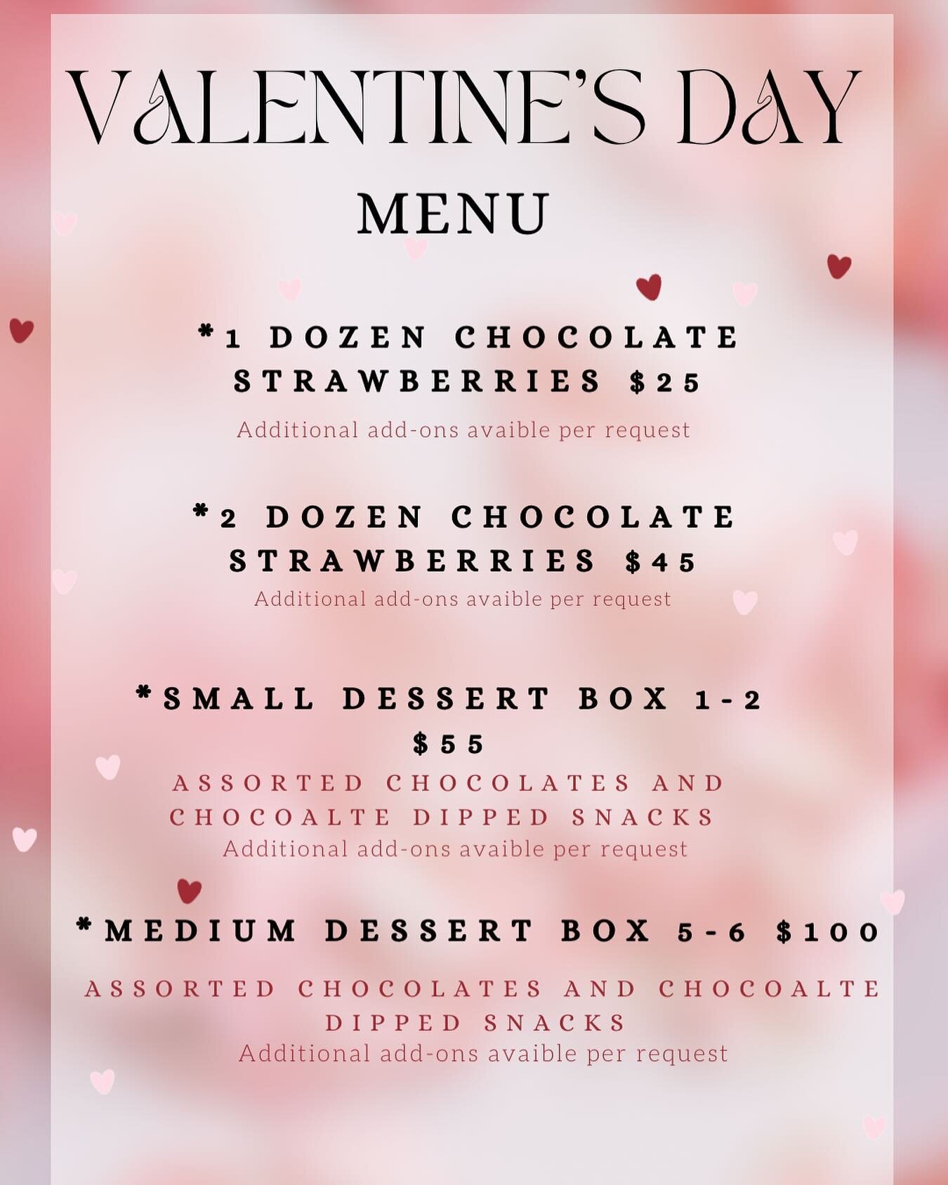 🌸💕VALENTINES DAY 💕🌸

➡️TAKING ORDERS THROUGH FEB 9TH
🚗DELIVERIES AVAILABLE FOR ADDITIONAL COST. 
📅 FEBRUARY 12-14TH AVAILABALE FOR
PICKUP/DELIVERY

✨WWW. TIFFSKITCHEN.COM✨