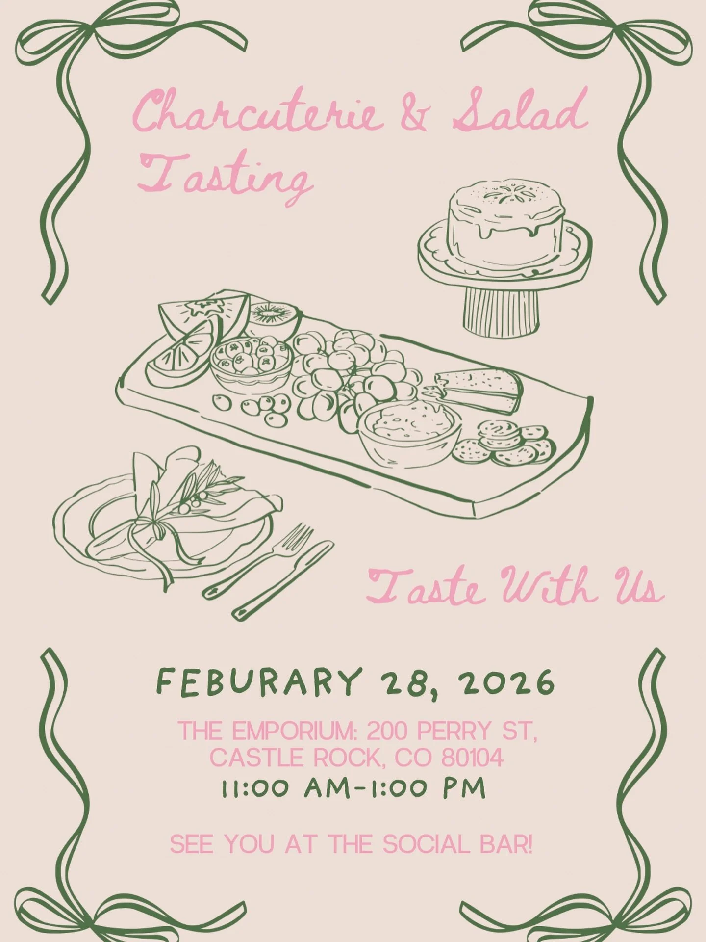 Charcuterie lovers, this one&rsquo;s for you 🧀🍓

We&rsquo;re going to be at The Emporium for a Charcuterie &amp; Salad Tasting!
Bring a friend, grab a bite, and hang at the social bar.

February 28 | 11&ndash;1
The Emporium in Downtown Castle Rock
