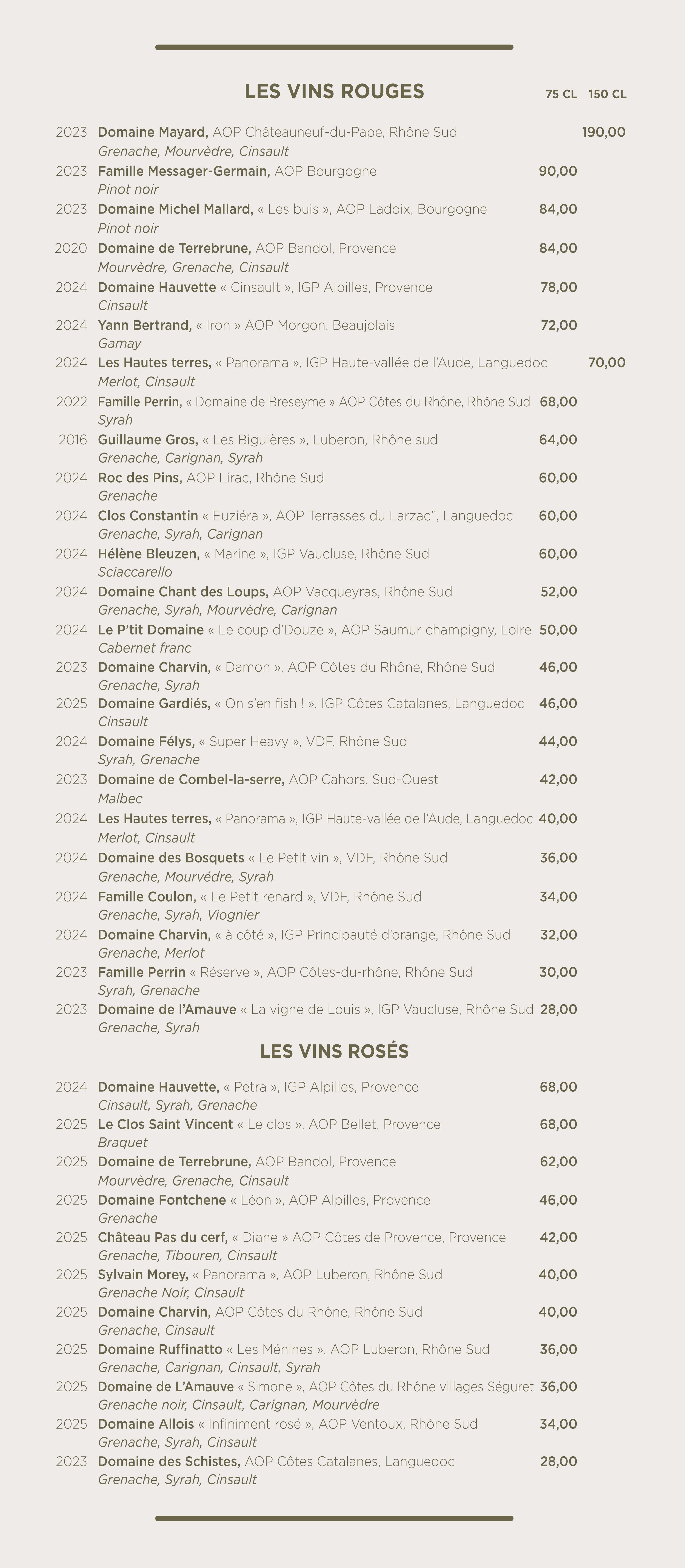 Liste de vins rouges et rosés avec noms, années, domaines, régions, cépages et prix.