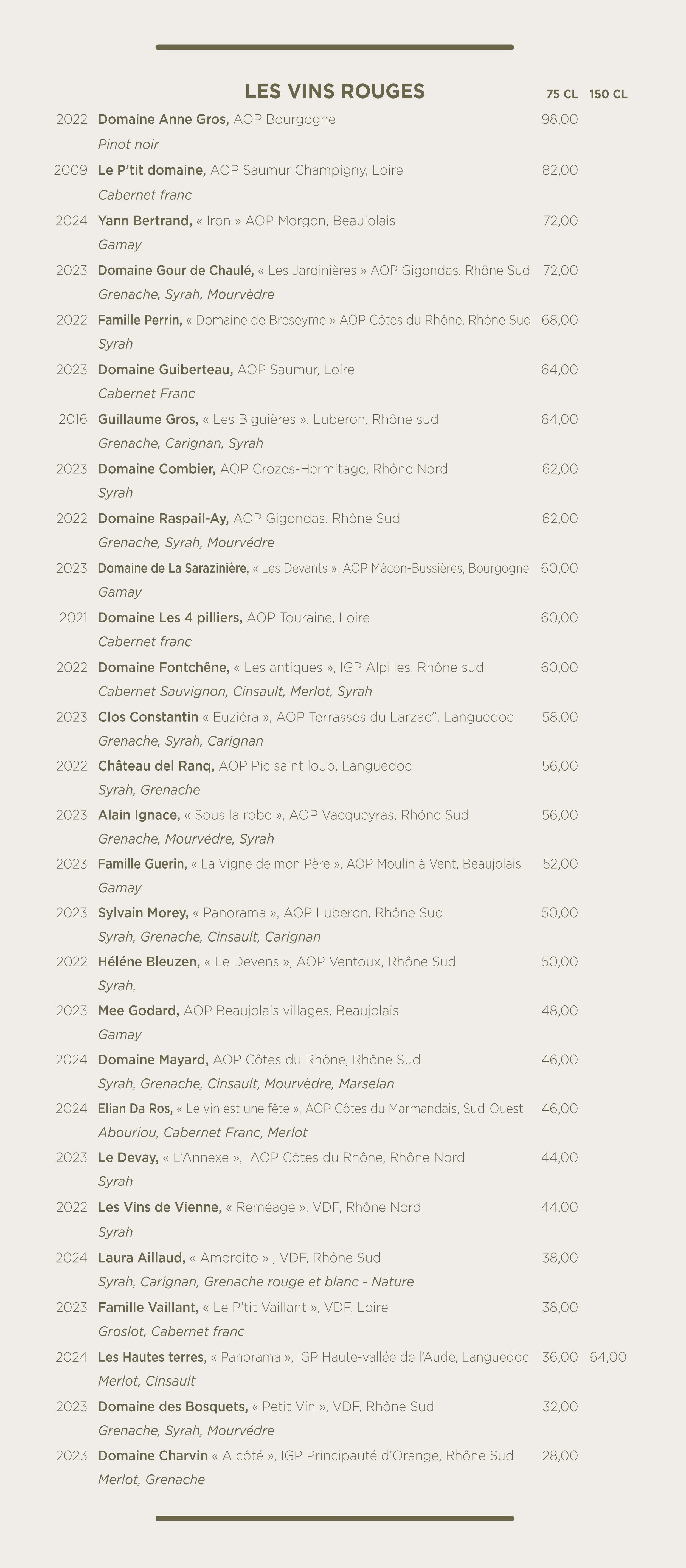 Carte des vins rouges avec une liste de différents domaines viticoles, années, types de vins et prix, en français.