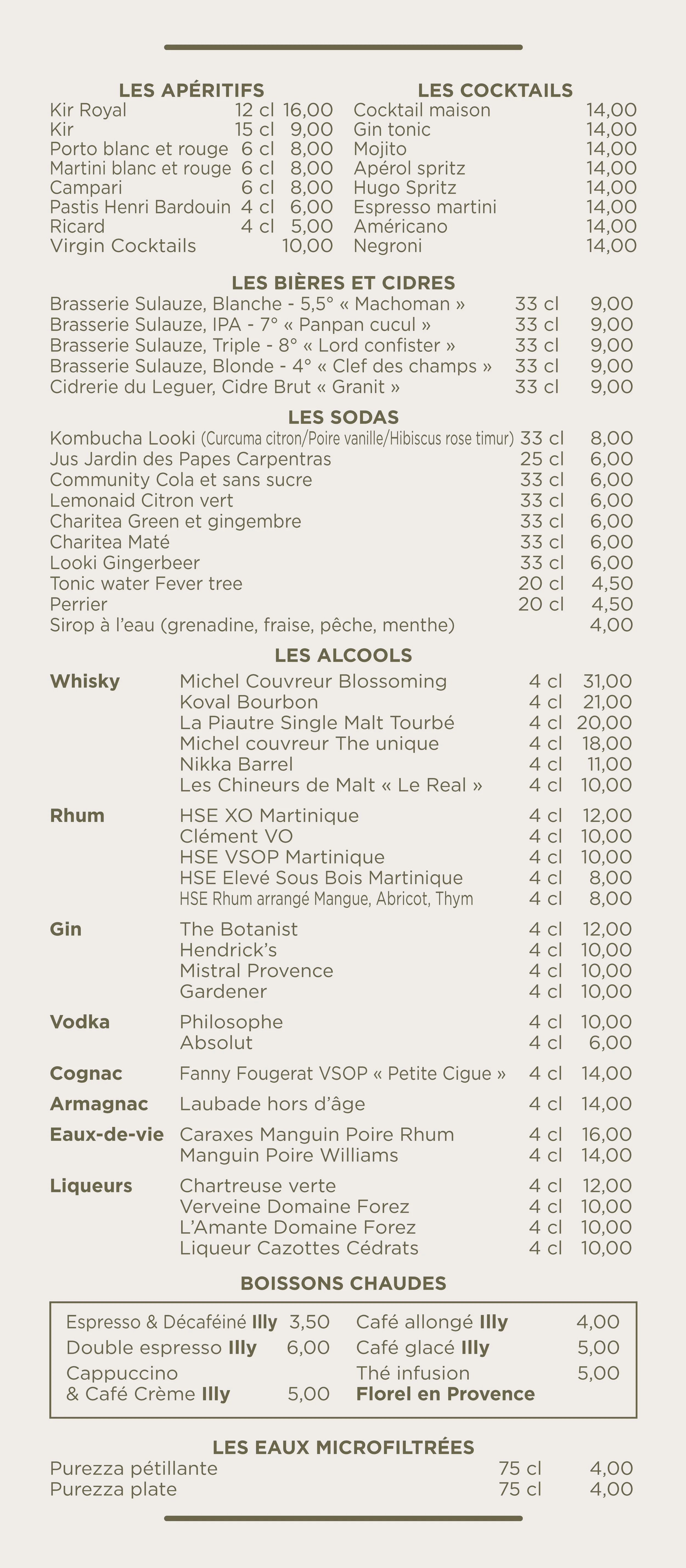 Menu de bar avec sections pour apéritifs, cocktails, bières, sodas, alcools, eaux, cafés, et eaux microfiltrées, avec noms, descriptions et prix en euros.