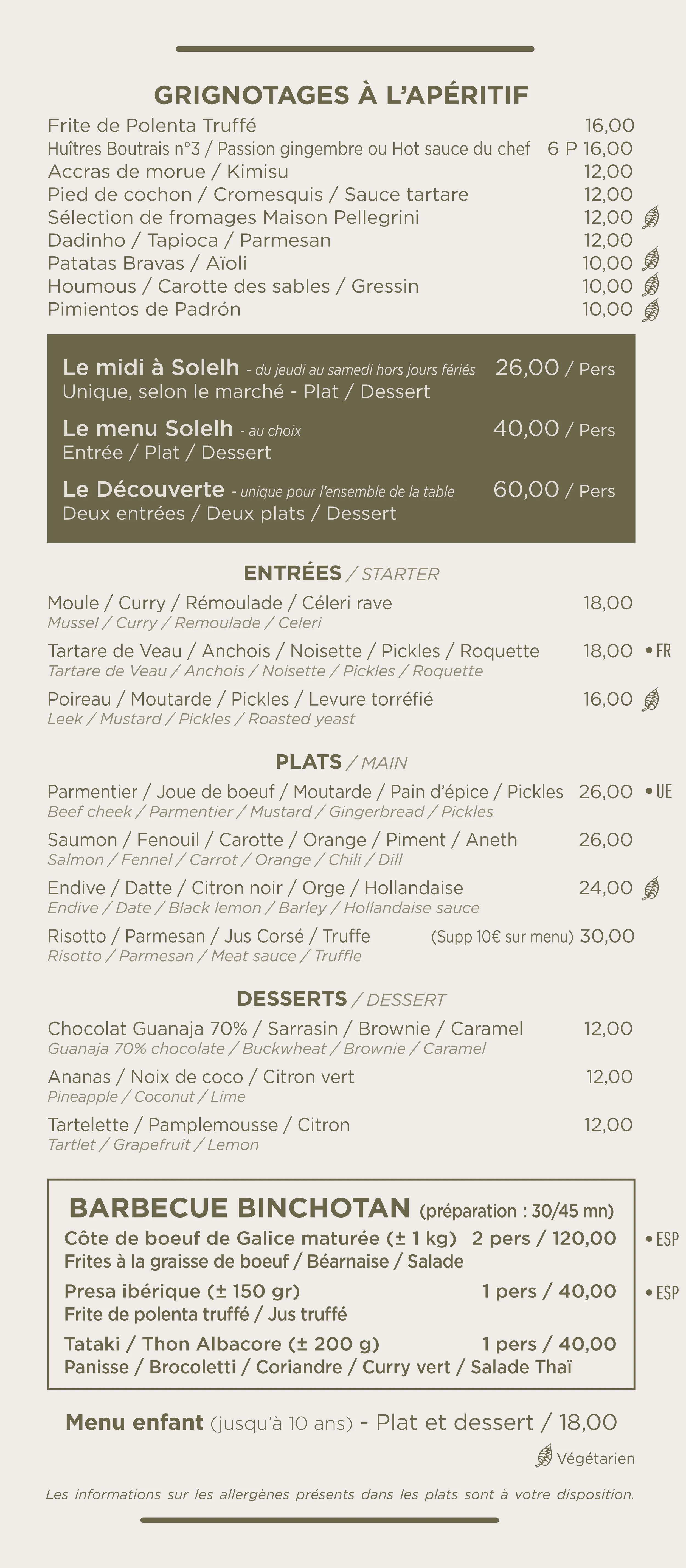 Menu de restaurant proposant des plats tels que des goujons de poisson, huîtres, accras, différentes tartares, plats principaux de poisson et de viande, desserts comme brownie, ananas, tartes, et barbecue bihotan avec diverses options, prix indiqués 