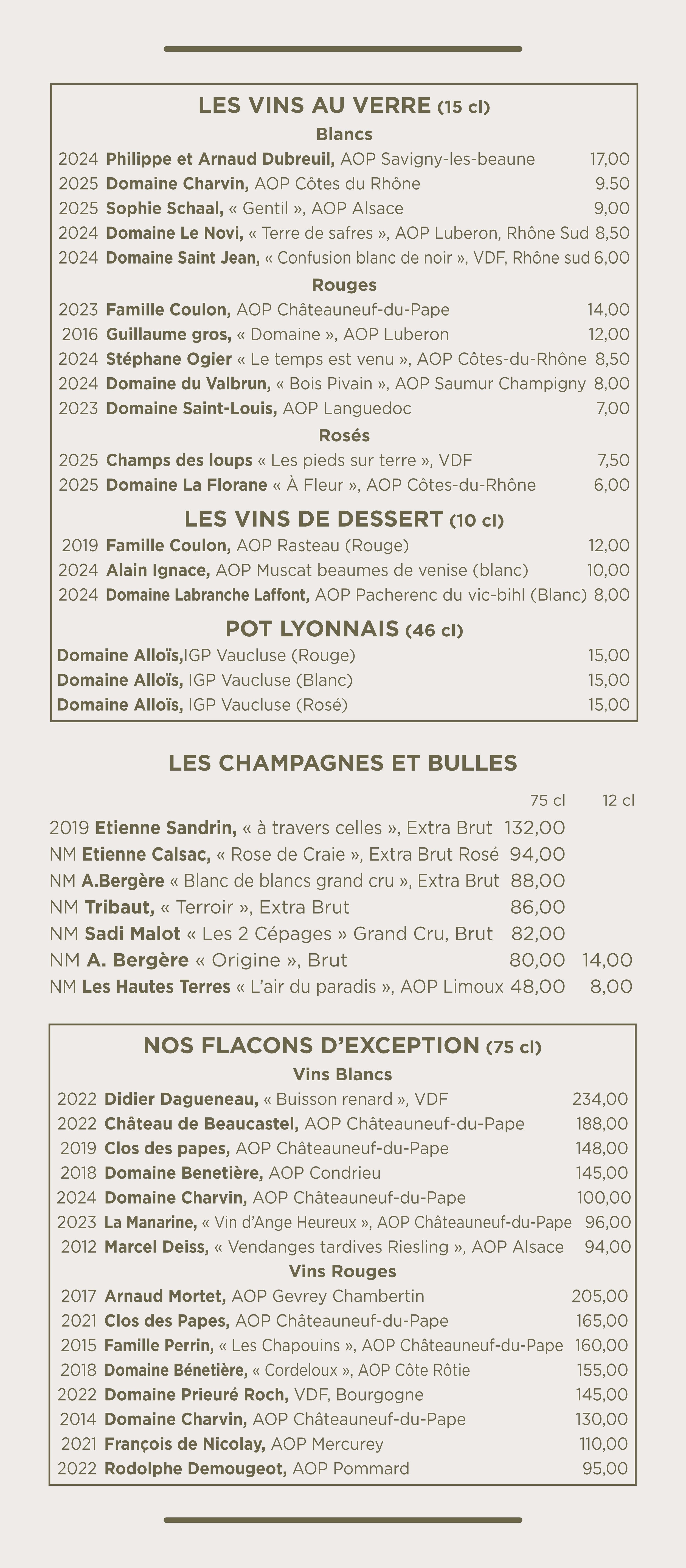 Menu de vins avec différentes catégories, prix et descriptions en français.