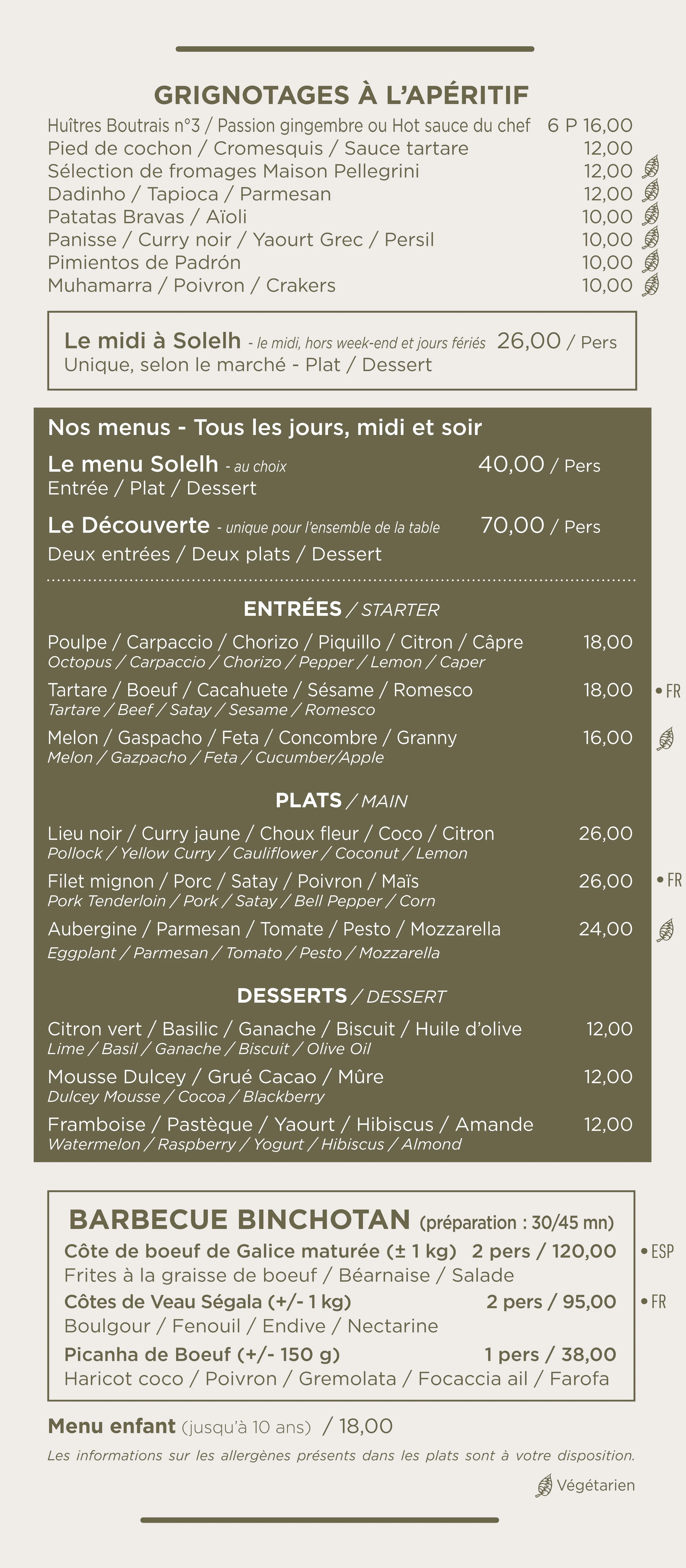 Menu de restaurant avec options d'aperitifs, plats principaux, desserts et barbecue binchotan, en français et anglais.