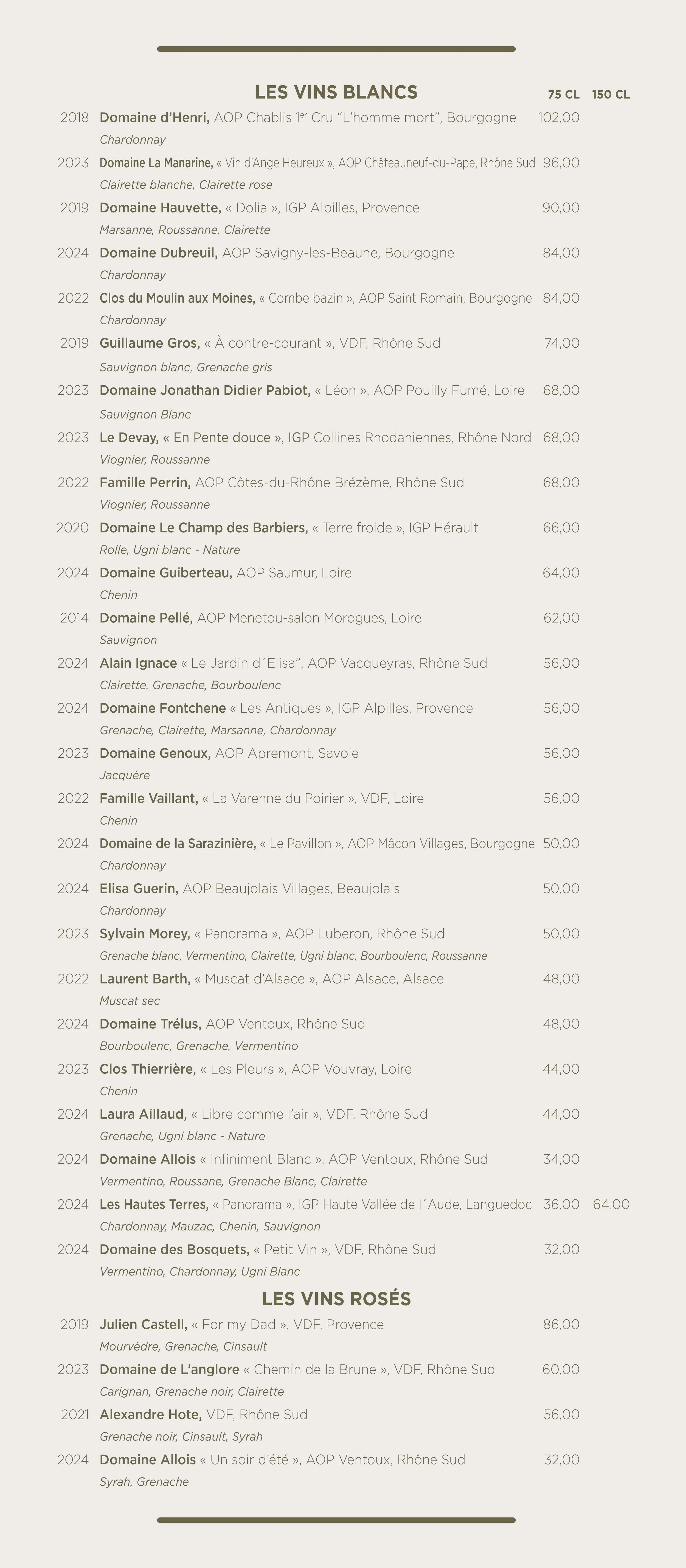 Liste des vins blancs et rosés avec leurs millésimes, noms, domaines, appellations, cépages et prix.