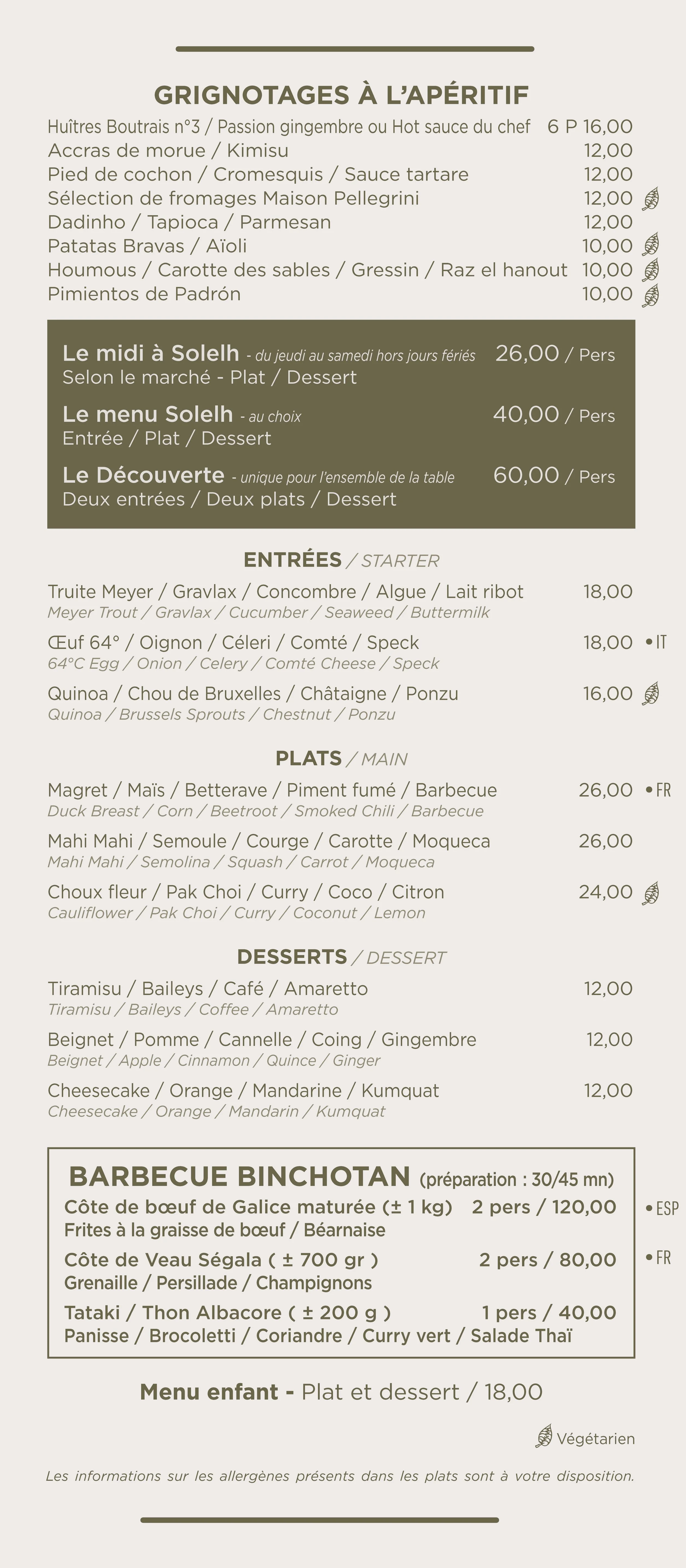 Menu de restaurant avec options d'apéritifs, plats principaux, desserts, et barbecue binchotan, avec prix et descriptions en français.