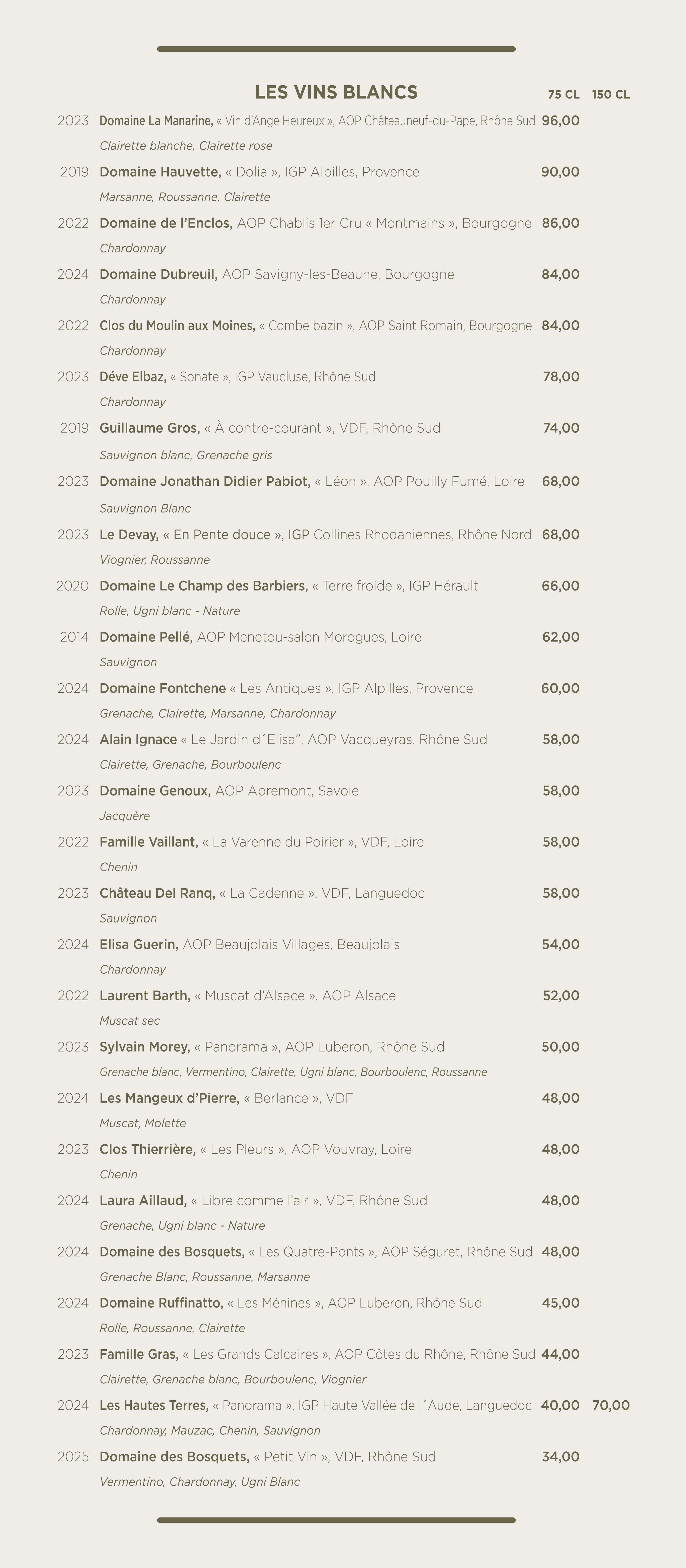 Menu de vins blancs avec diverses options, leurs années, producteurs, cépages, régions, et prix.