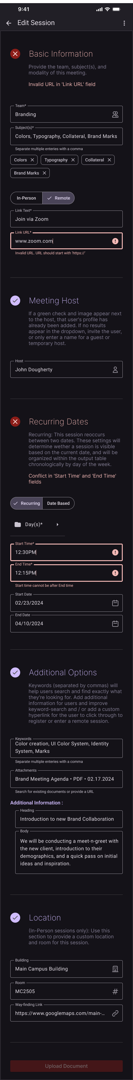Schedule Editor with error