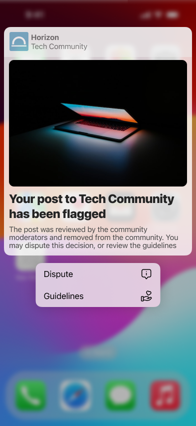 Expanded horizon notification providing more information and action buttons to dispute or review that communities guidelines