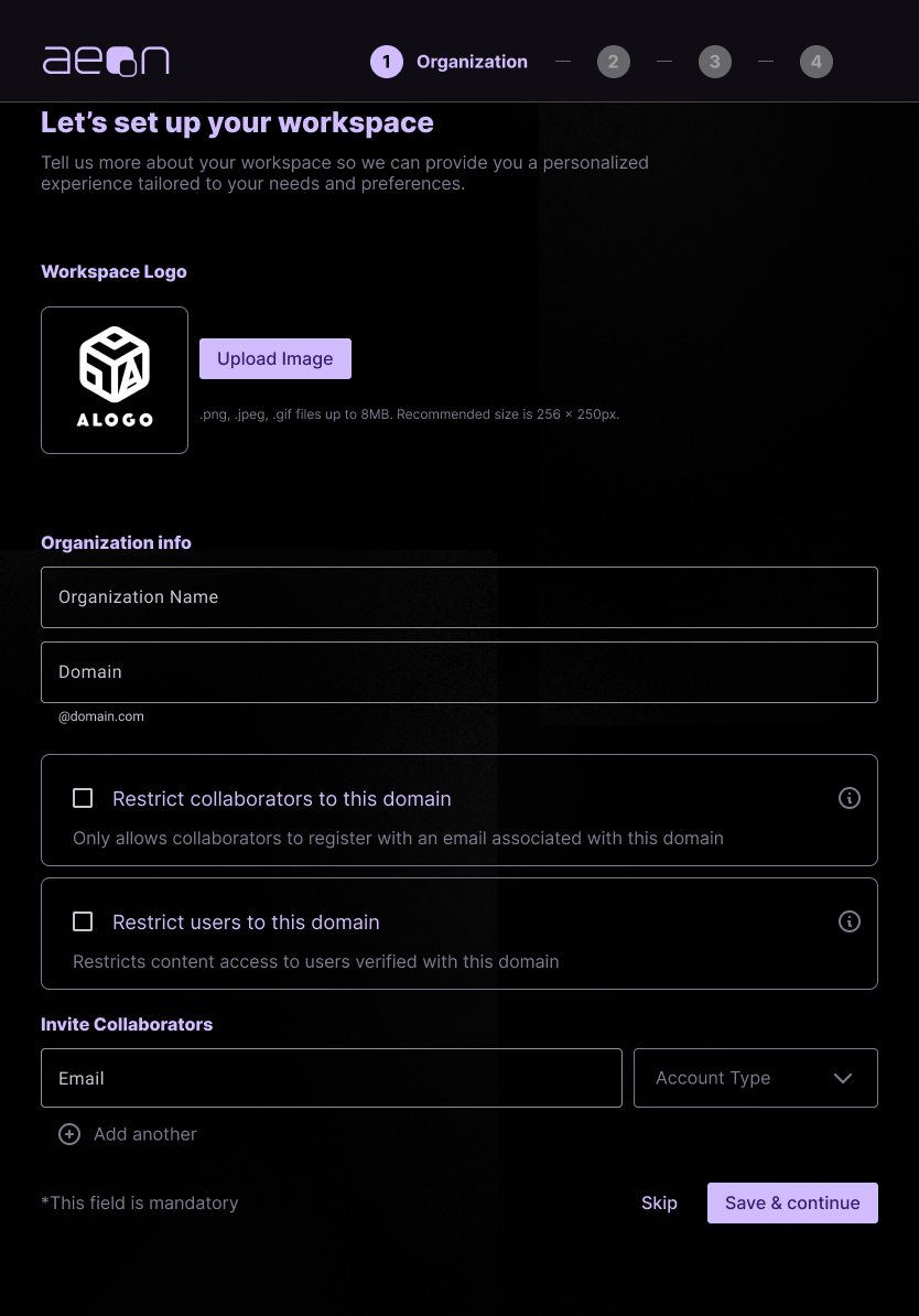 Onboarding Step One - Org Settings