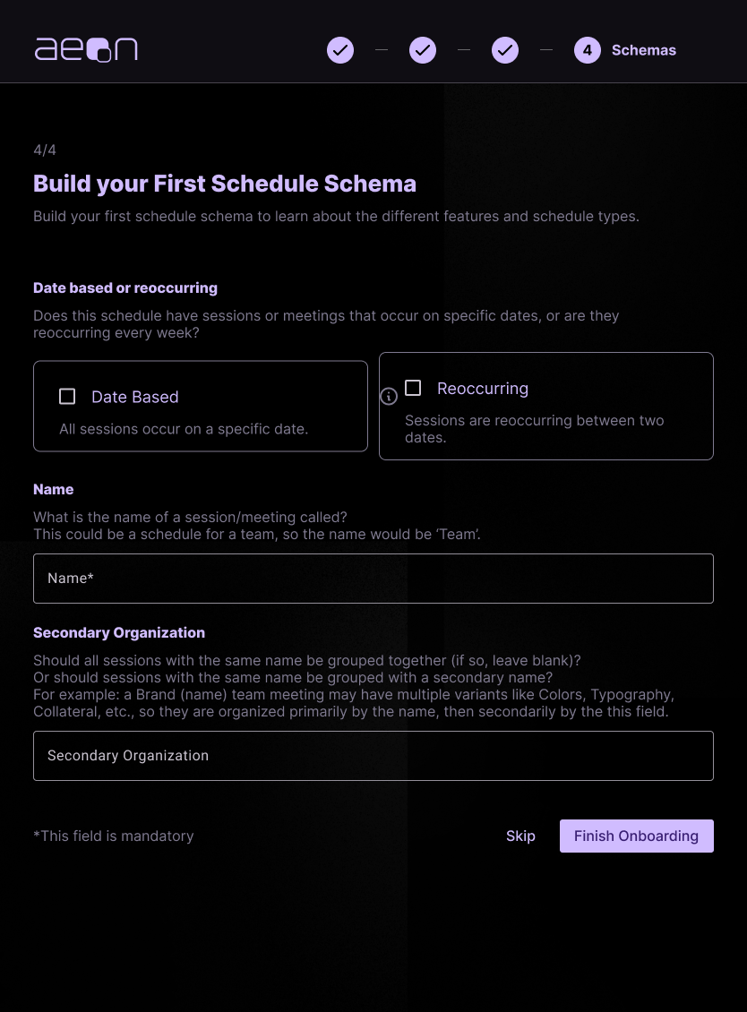 Onboarding Step One - Schema Builder