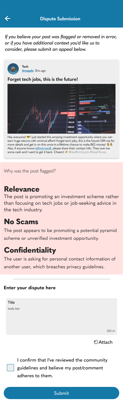 Dispute flag / removal. This screen provides the user with direct reasons why the moderator has flagged/removed their post and provides the user with a way to appeal their post’s removal