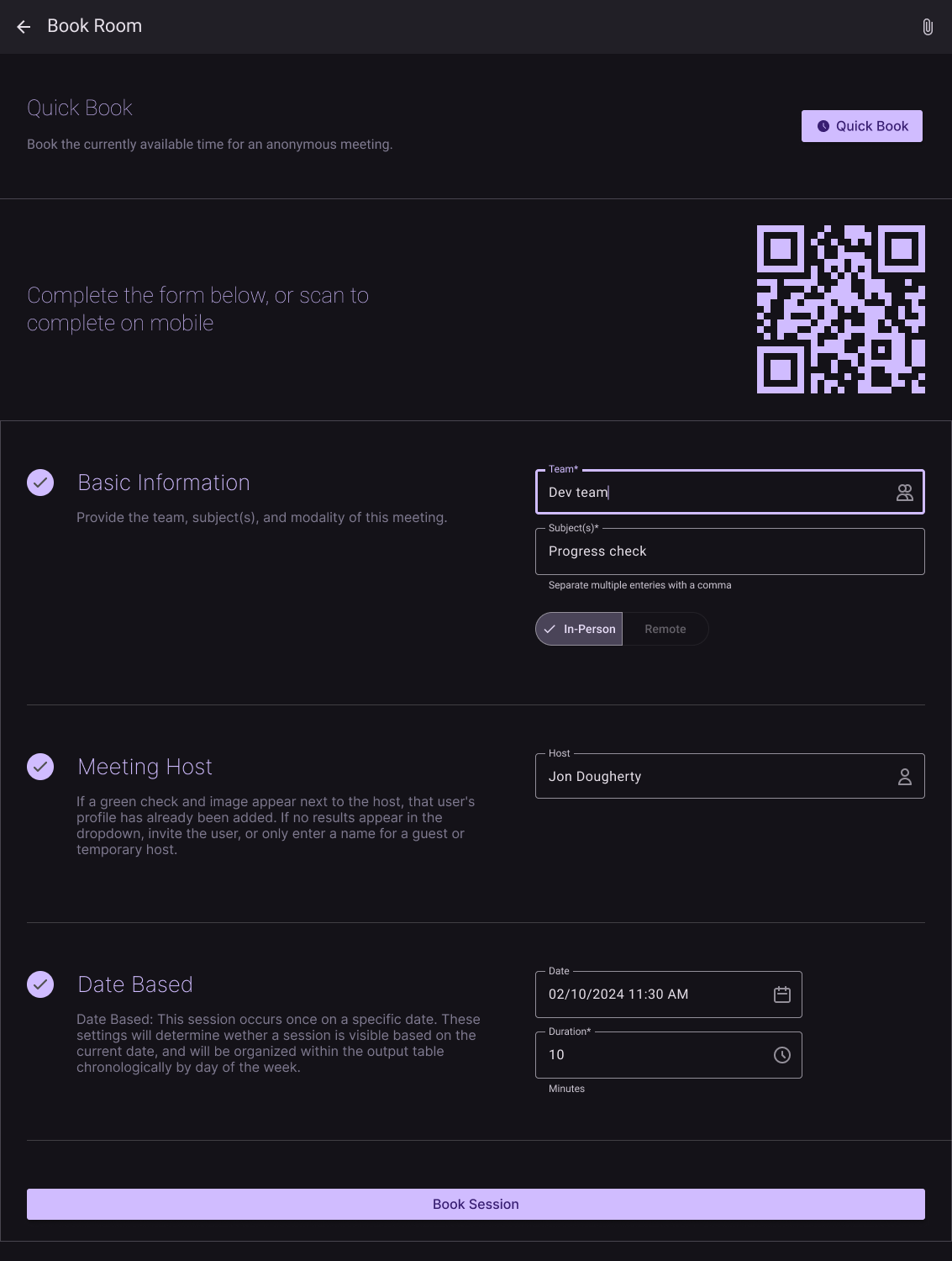Quick book, mobile book, and manual booking screen