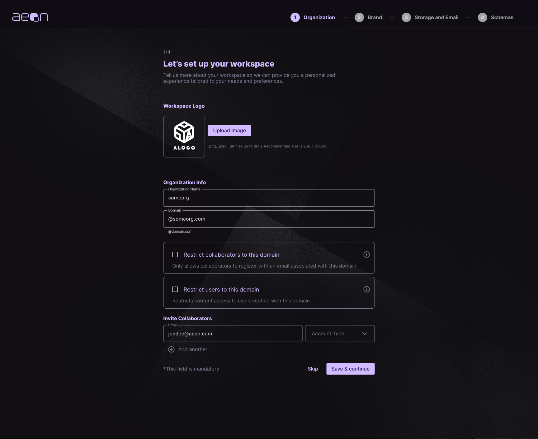 Onboarding Step One - Org Settings