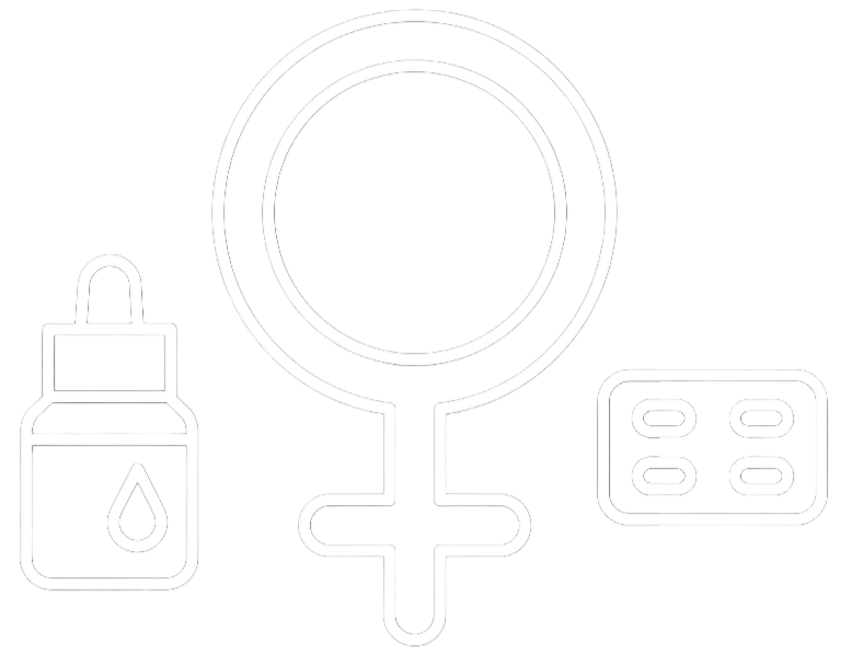Outline of a feminine gender symbol, a pill blister pack, and a dropper bottle with a droplet icon, all in white on a black background.