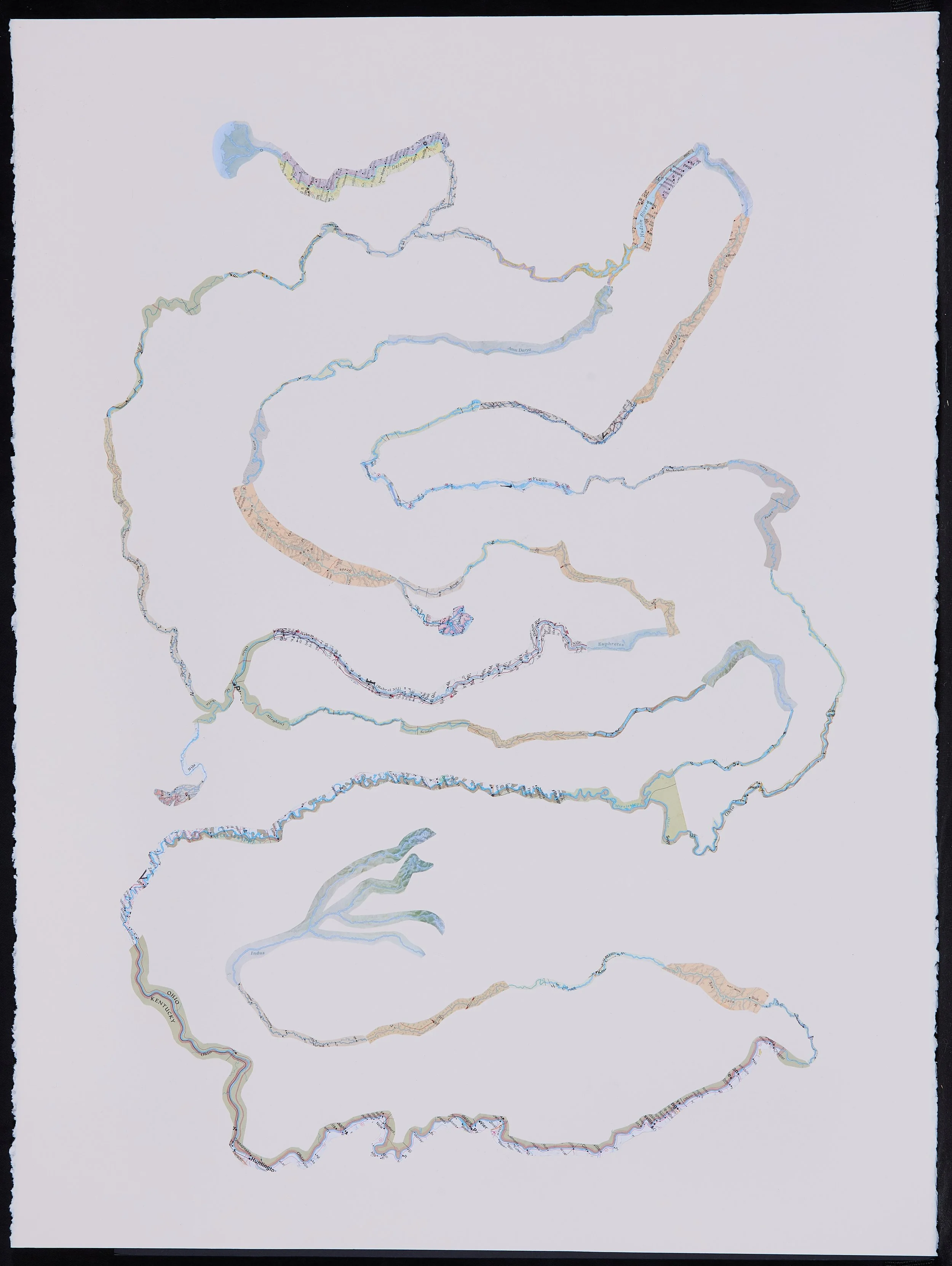 Bend in the River 01 (large format), 2025, Cartes collées sur papier, Collaged maps on paper, 55.9 × 76.2 x .6cm (22 x 30 x .25in), $900.00 CAD