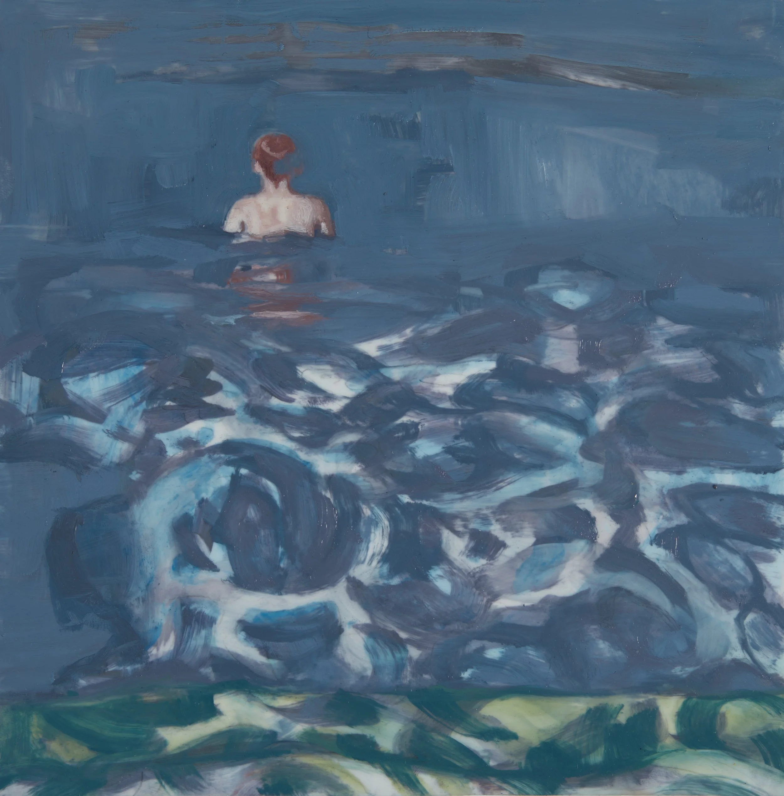Night Swim 02, 2023, Huile sur mylar,  Oil on Mylar, 20.3 × 20.3 x .6cm (8x8 x.25in), $550.00 CAD, Mounted on archival mat board 13 x 13in
