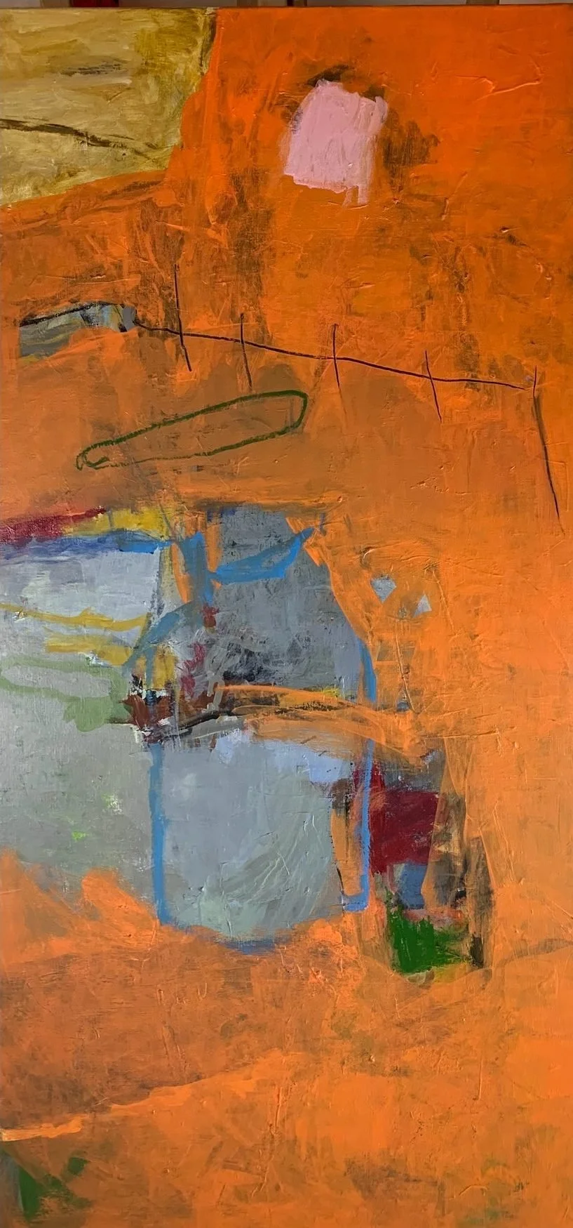 Untitled (Orange), 2023,  Acrylique et baton d'huile sur toile (encadré), Acrylic and oil stick on canvas (framed), 66 x 127cm (26 x 50in), $1200.00 CAD