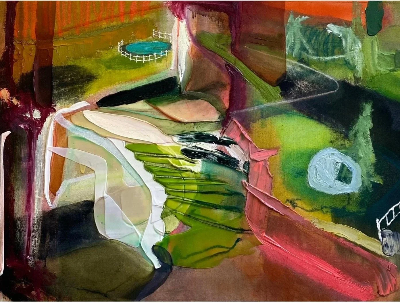 Cold room, 2023, Huile, acrylique, et aérosol sur toile/ Oil, acrylic and aerosol on canvas, 25 x 37in. 