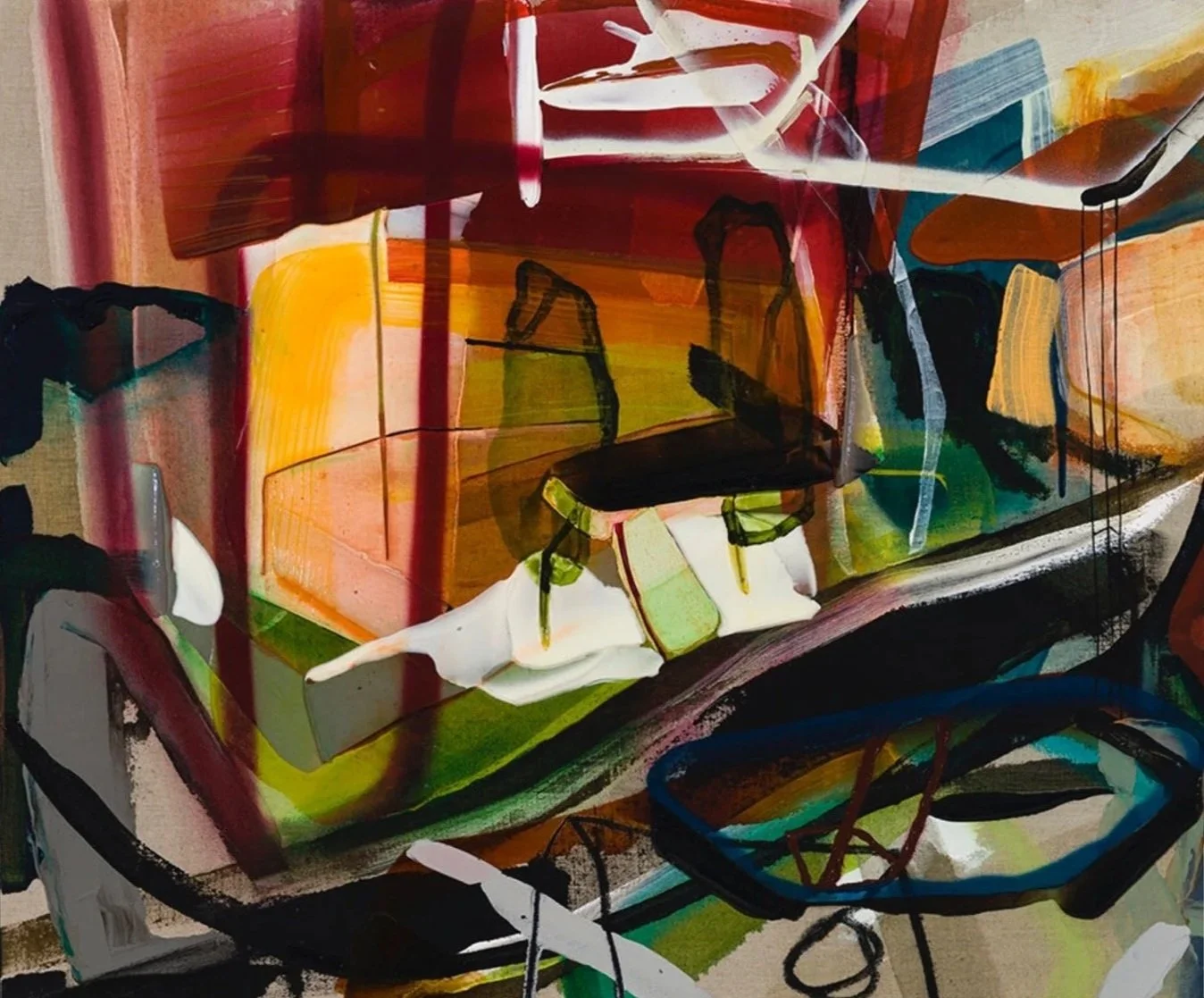 Sémaphore 2, 2020, Acrylique, fusain, et aérosol sur lin/Acrylic, charcoal, and aerosol on linen, 33 x 41in, $5,700.00 CAD (encadré/framed)
