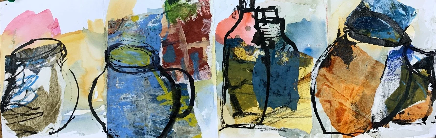 Summer Vessels #2, 2021, Aquarelle, acrylique, et collage sur papier (emmêlé), Watercolour, acrylic and collage on paper (matted), 54.6 x 24.1cm (21.5 x 9.5in), $250.00 CAD