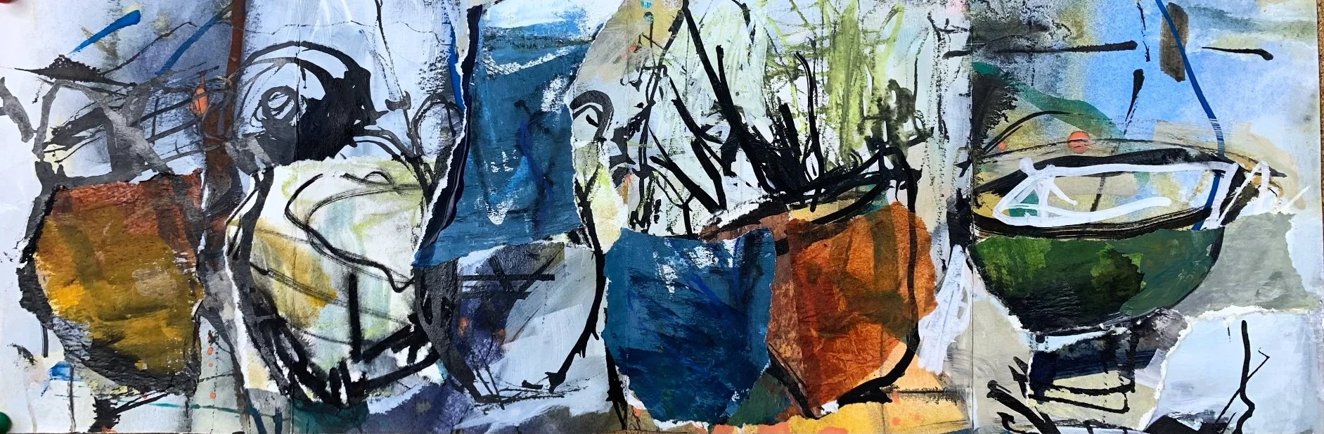 Summer Vessels #3, 2021, Aquarelle, acrylique et collage sur papier (emmêlé), Watercolour, acrylic and collage on paper (matted), 54.6 x 24.13cm (21.5 x 9.5in), $250.00 CAD