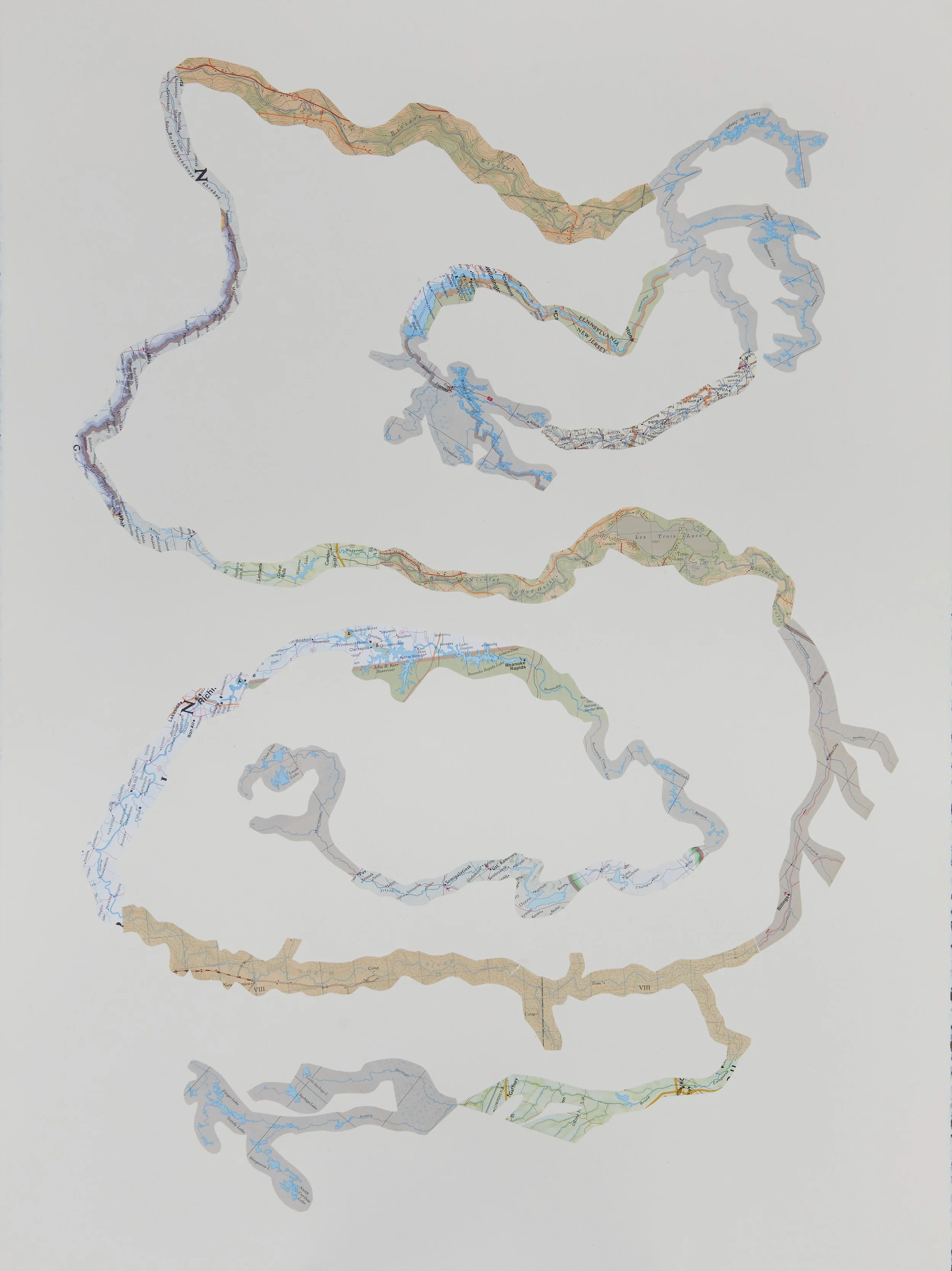 Bend in the River 04 (large format), 2025, Cartes collées sur papier, Collaged maps on paper, 55.9 × 76.2 x .6cm (22 x 30 x .25in), $900.00 CAD
