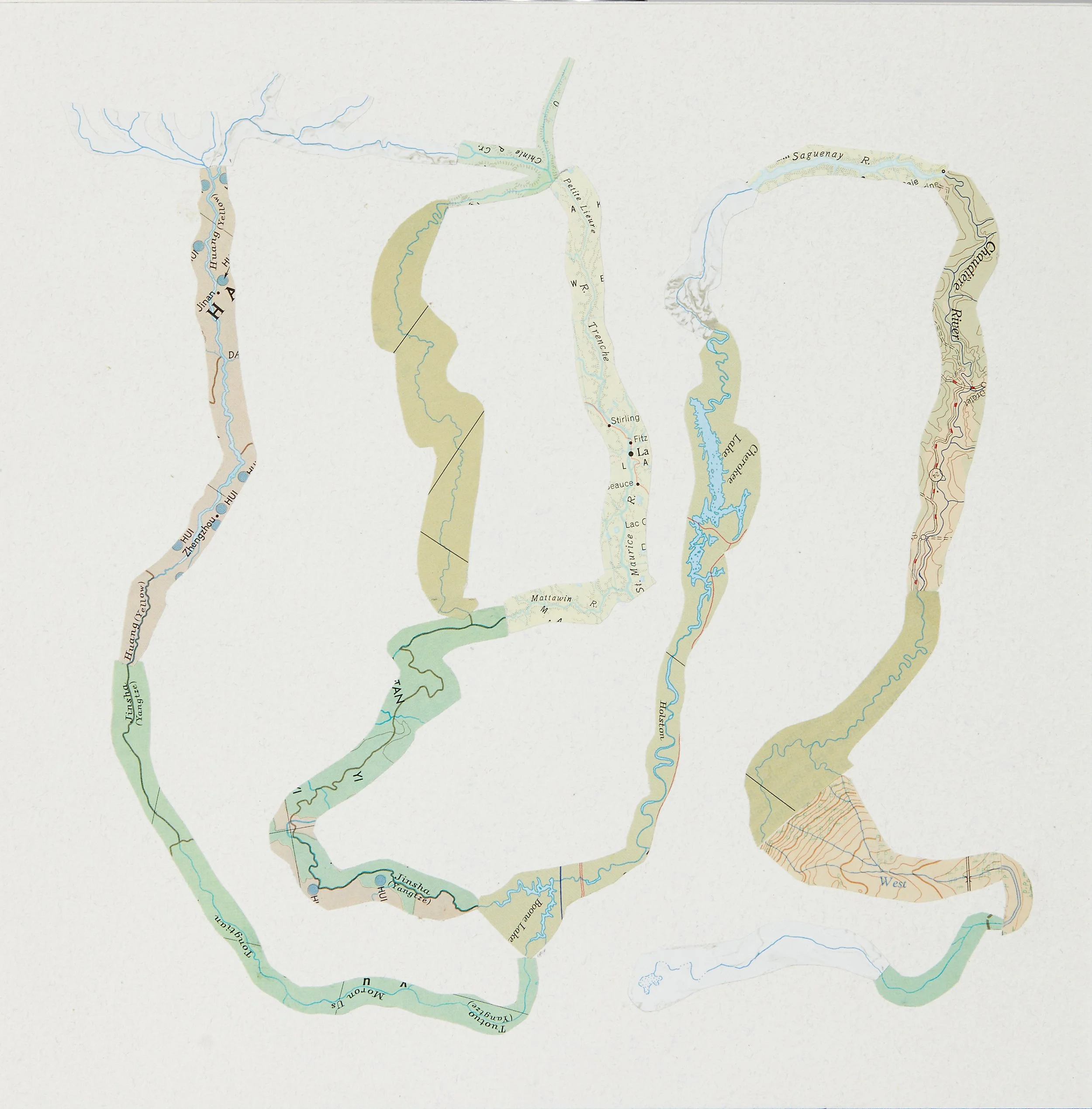 Bend in the River 03 (small format), 2025, Cartes collées sur papier, Collaged maps on paper, 20.3 × 20.3 x .6cm (8 x 8 x .25in), $500.00 CAD