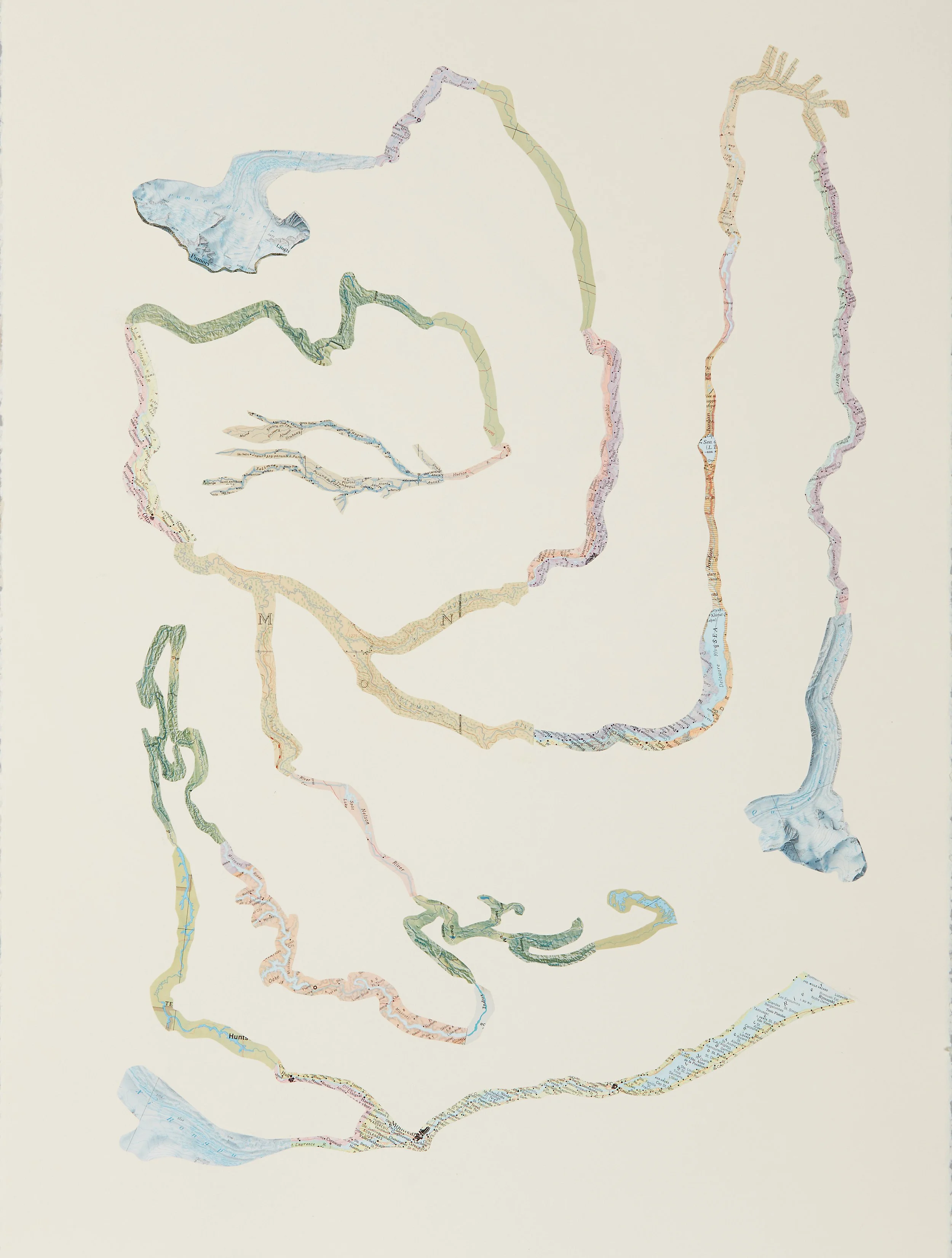 Bend in the River 02 (large format), 2025, Cartes collées sur papier, Collaged maps on paper, 55.9 × 76.2 x .6cm (22 x 30 x .25in), $900.00 CAD