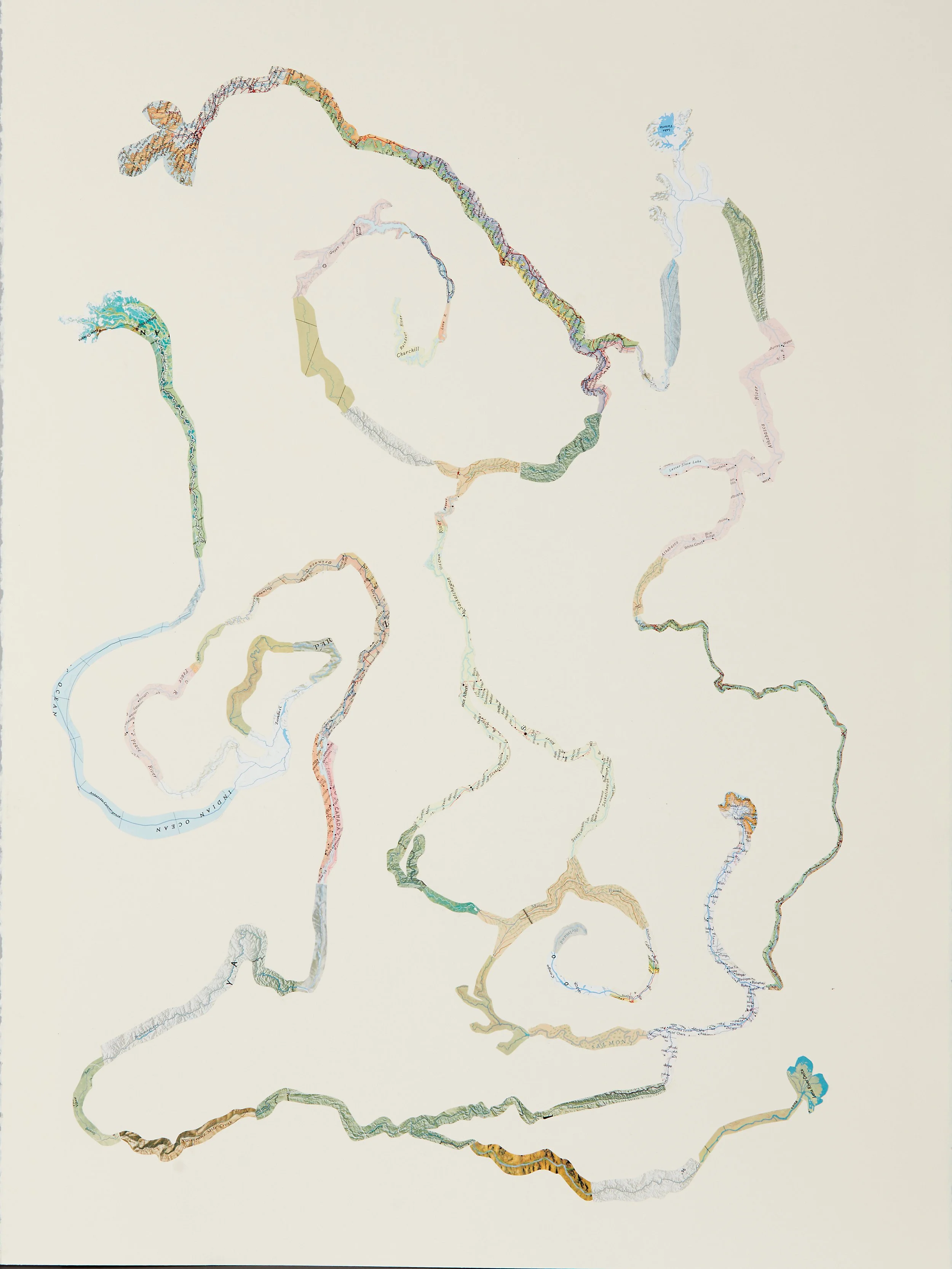 Bend in the River 03 (large format), 2025, Cartes collées sur papier, Collaged maps on paper, 55.9 × 76.2 x .6cm (22 x 30 x .25in), $900.00 CAD