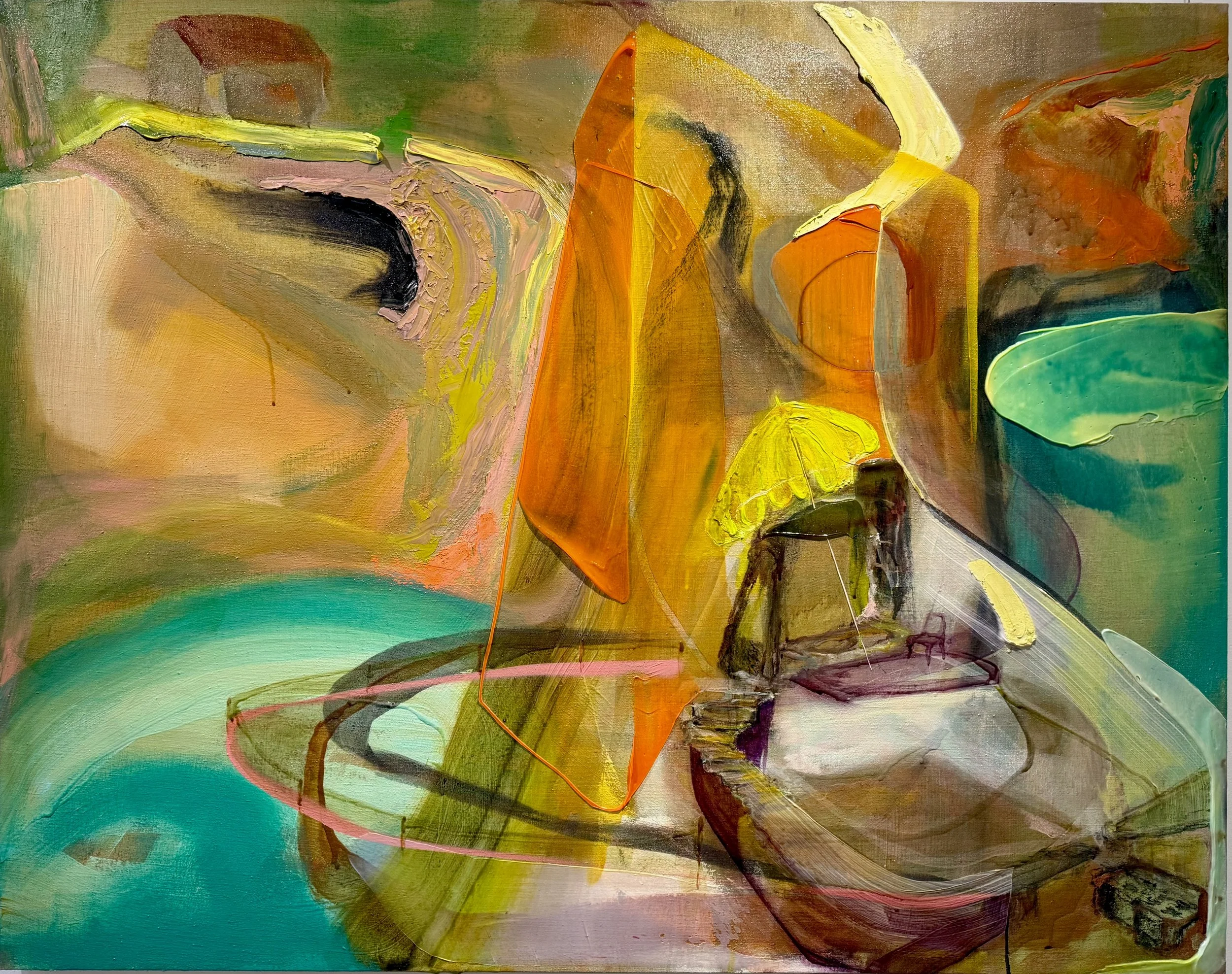 Calanque évidée et quai terrasse, 2025, Huile, acrylique, et aérosol sur lin/ Oil, acrylic and aerosol on linen, 45 x 57in, $6,700.00 CAD