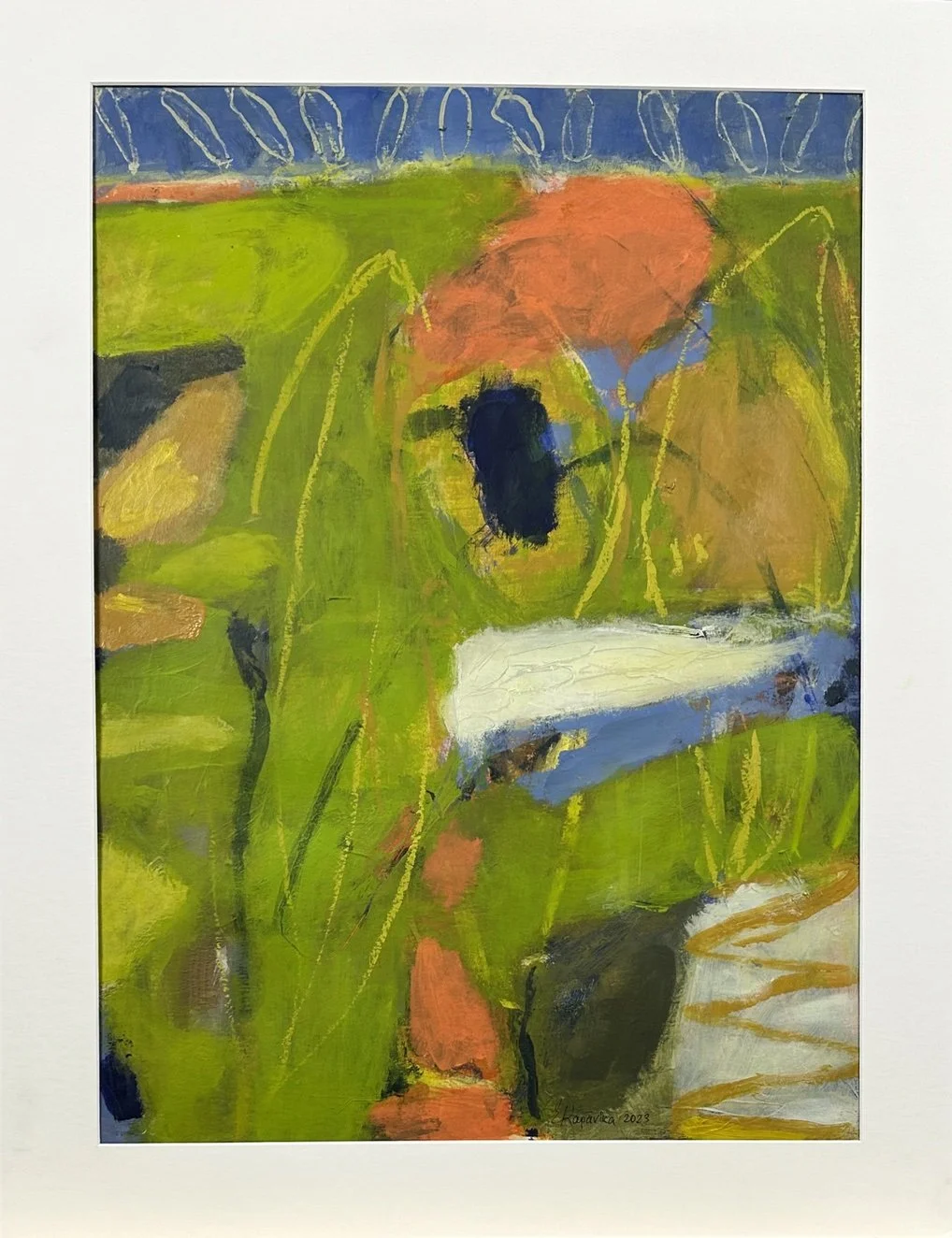 Marsh Pond, 2023, Acrylique et baton d'huile sur papier aquarelle (emmêlé), Acrylic and oil stick on watercolour paper (matted), 50.8 x 66cm (20 x 26in), $600.00 CAD