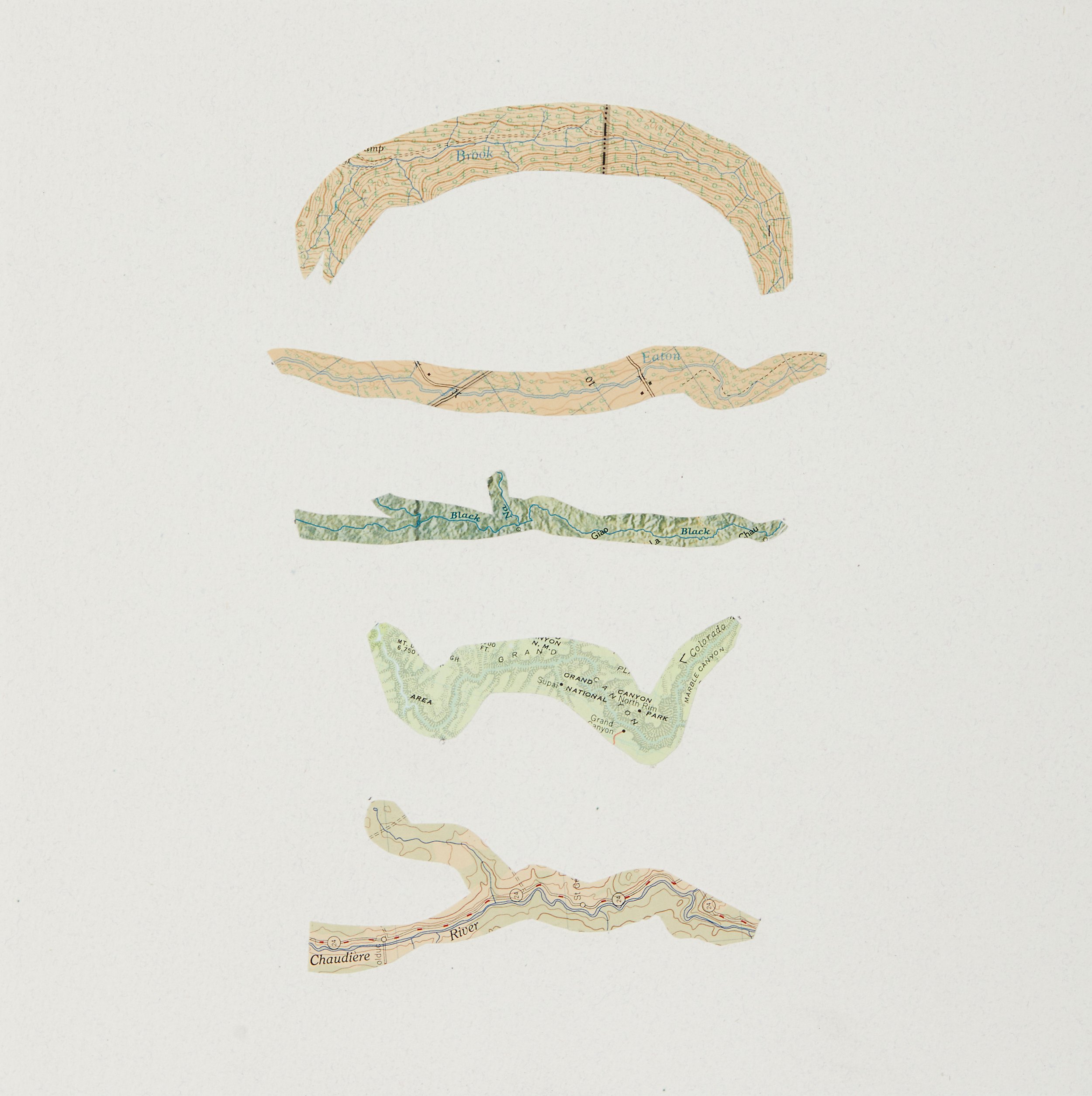 Bend in the River 02 (small format), 2025, Cartes collées sur papier, Collaged maps on paper, 20.3 × 20.3 x .6cm (8 x 8 x .25in), $500.00 CAD