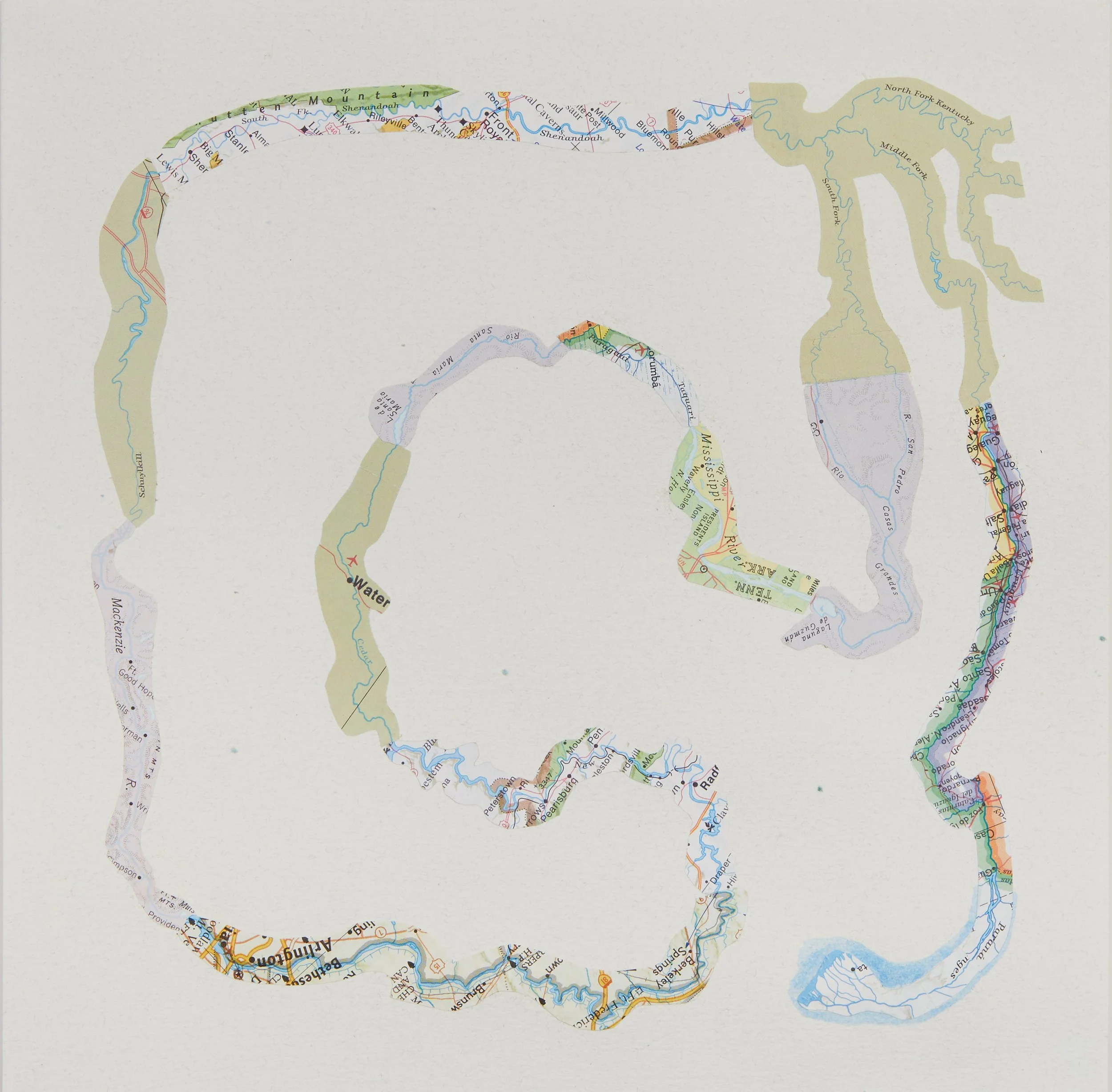 Bend in the River 04 (small format), 2025, Cartes collées sur papier, Collaged maps on paper, 20.3 × 20.3 x .6cm (8 x 8 x .25in), $500.00 CAD