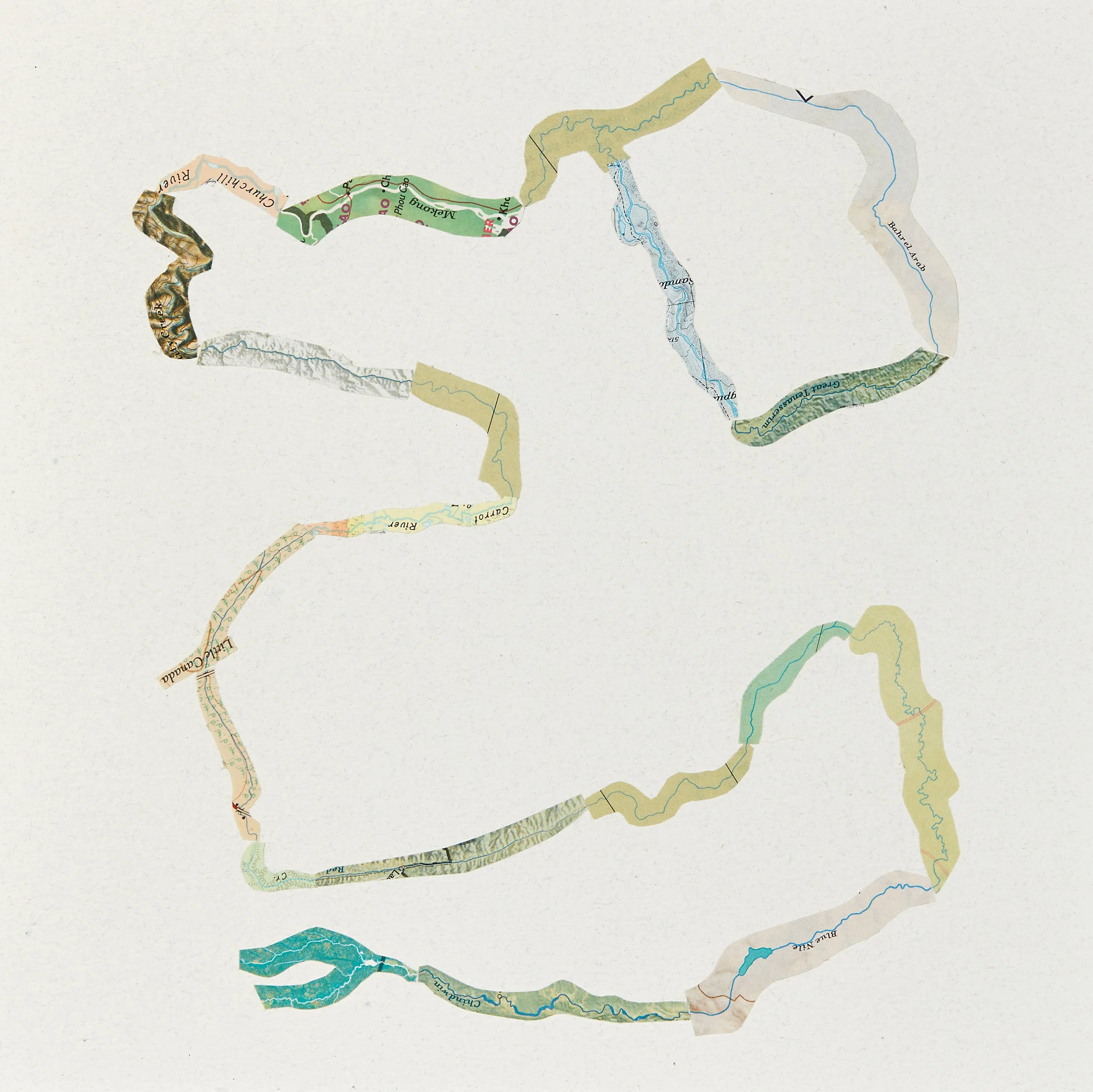 Bend in the River 01 (small format), 2025, Cartes collées sur papier, Collaged maps on paper, 20.3 × 20.3 x .6cm (8 x 8 x .25in), $500.00 CAD