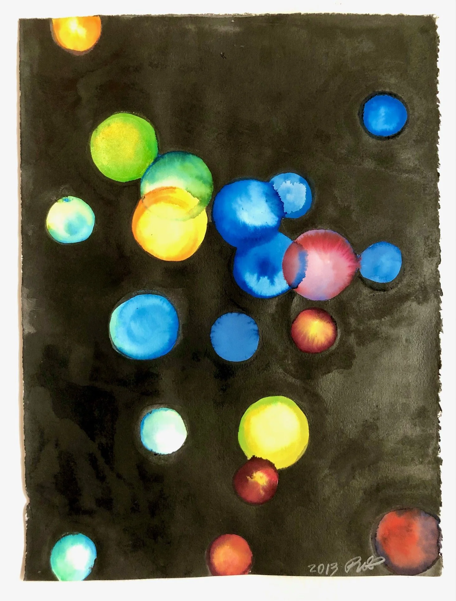 DOTS NIGHT SKY 2. Materials: Watercolor, fabric dye, and sumi ink on paper. Size: 11" x 16".