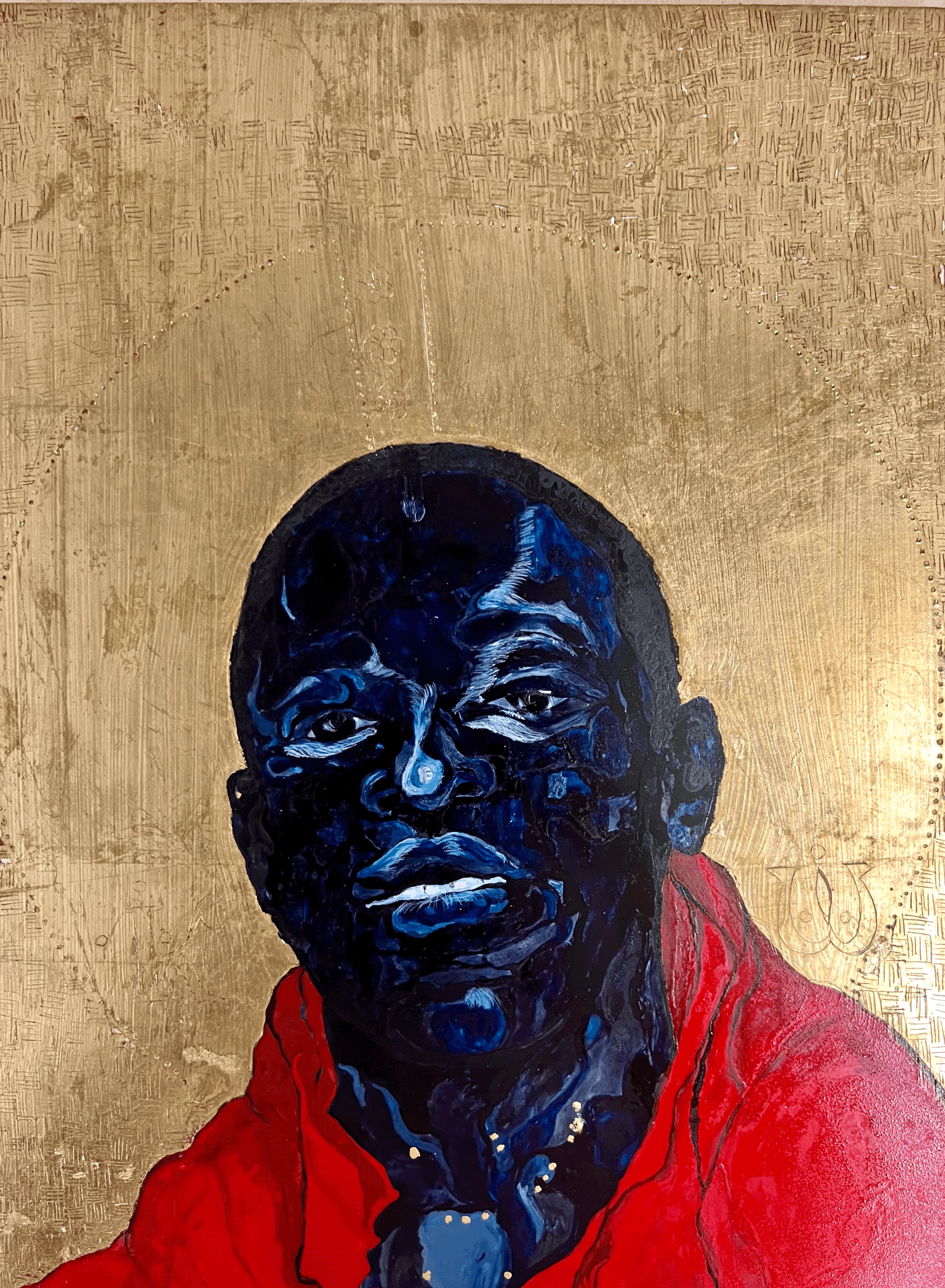 Portrait of a person in dark blue, indigo black skin tones, wearing a red shirt, against a textured gold background. At his neck in golden dots, is the arrangement of the constellation Orion.