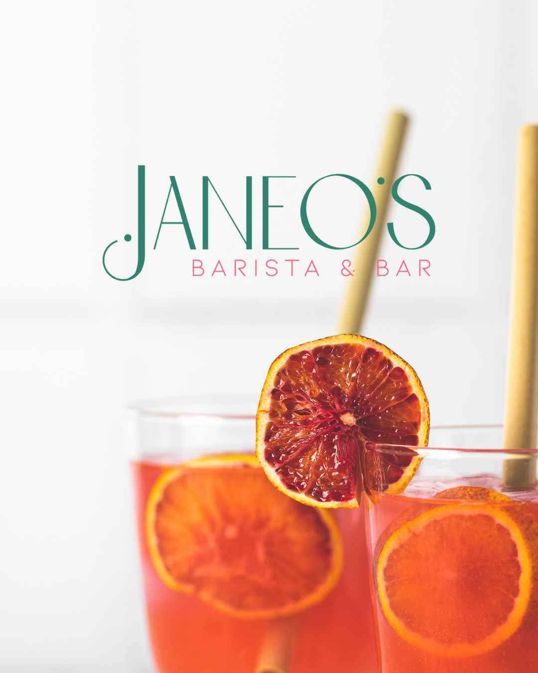 Janeos Barista and Bar logo mockup over and image of bright orange cocktails