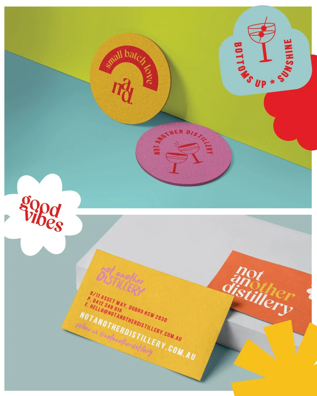Not Another Distillery business card and coaster mockups