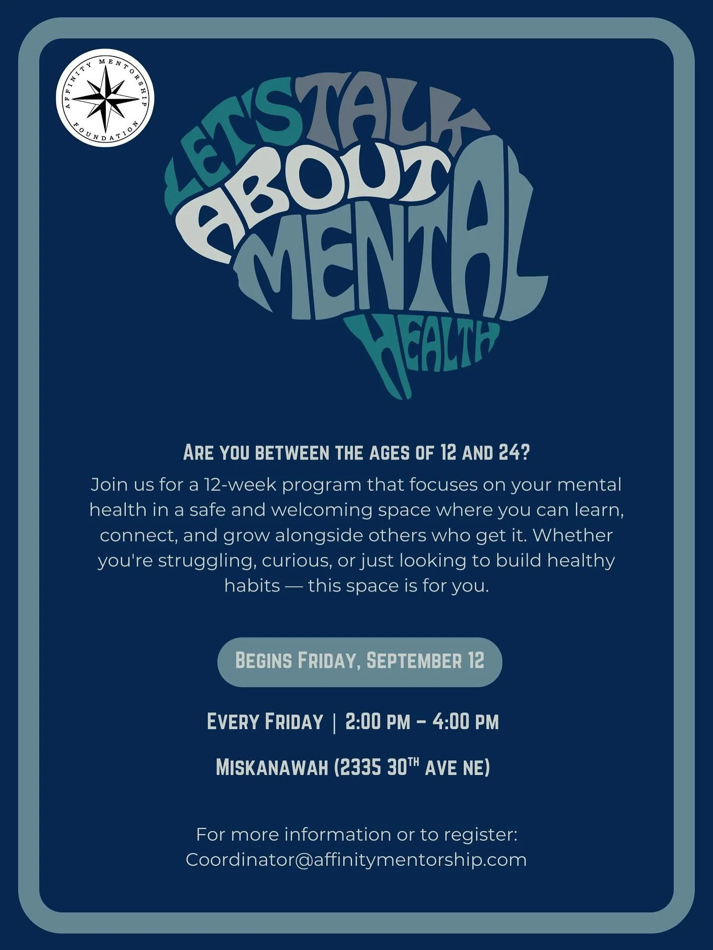 Let’s talk about mental health!
Are you between the ages of 12 to 24?
Join our 12-week Youth Mental Health Program starting Friday, September 12th, 2025 at Miskanawah!
🗓️ Every Friday
🕑 2–4 PM
📍 Miskanawah - 2335 30th Ave NE
For
