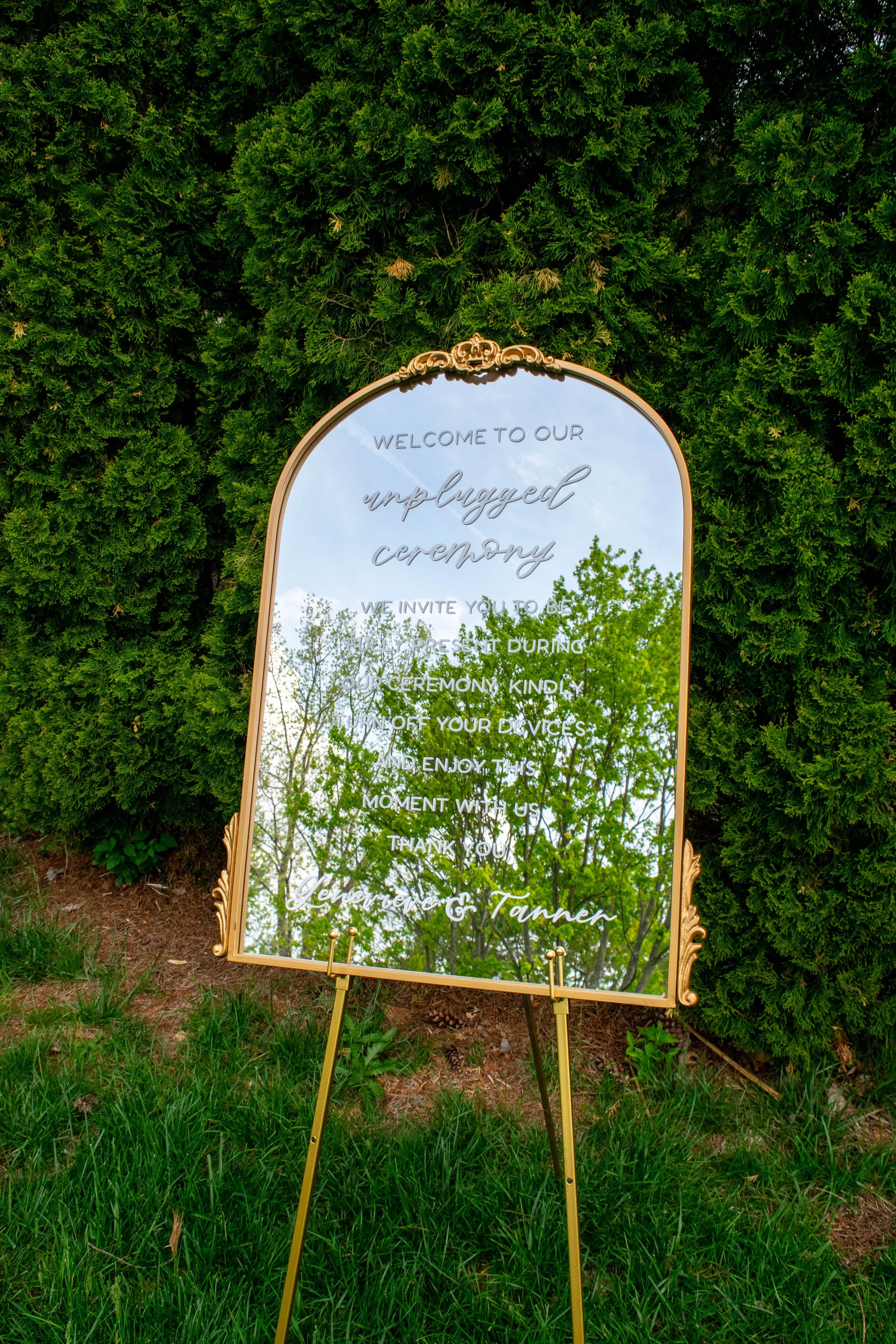 gold arched wedding mirror rental
