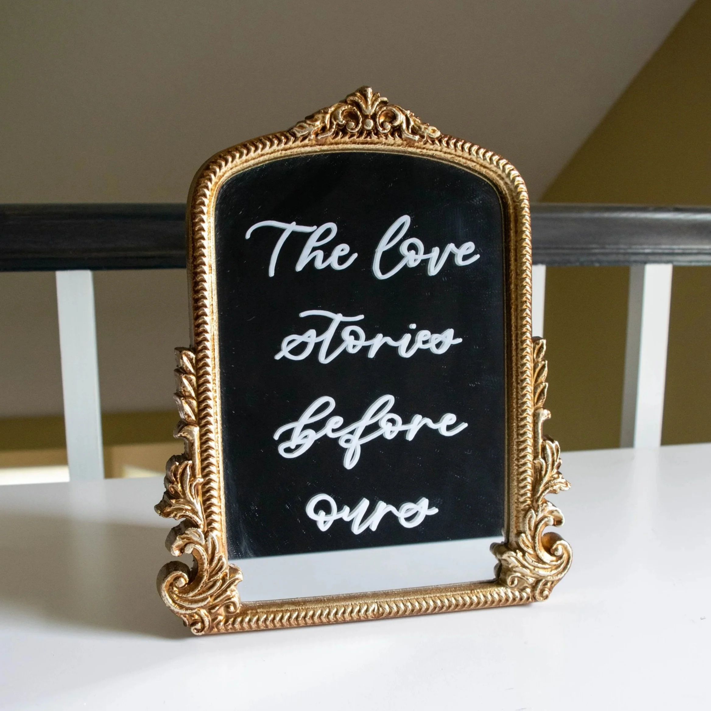 small gold tabletop rental mirror